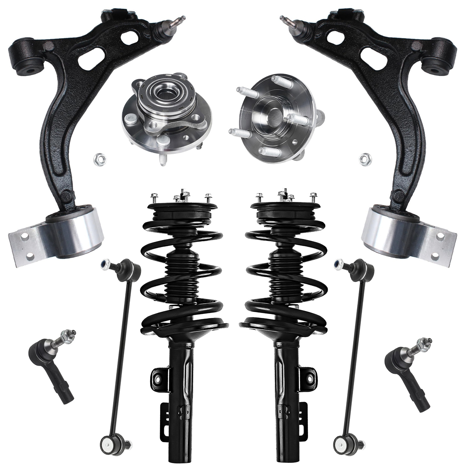 10pc Front Struts Lower Control Arms Wheel Hub and Bearings Suspension Kit