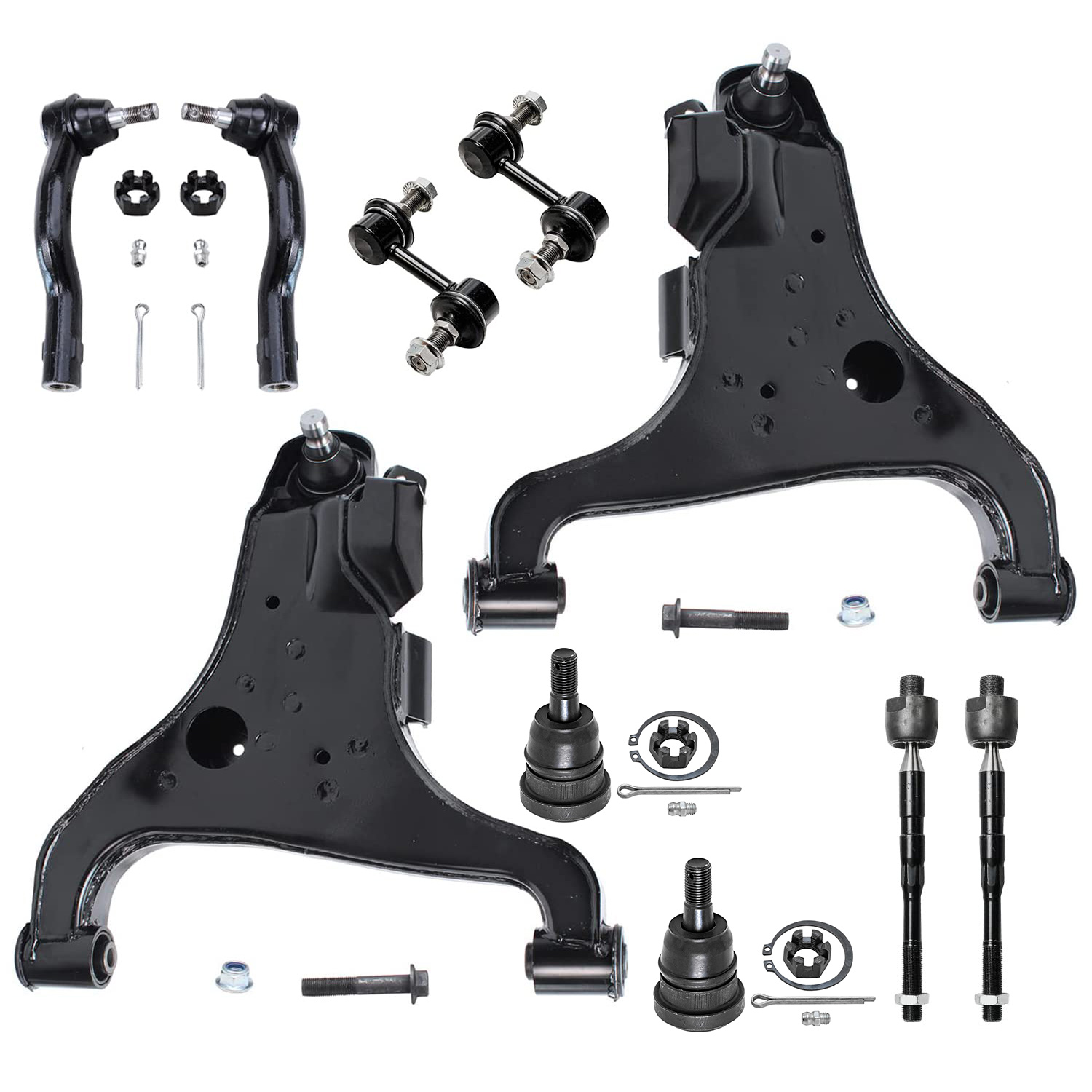 10pc Front Lower Control Arms Ball Joints Sway Bar Links Tie Rods Suspension Kit