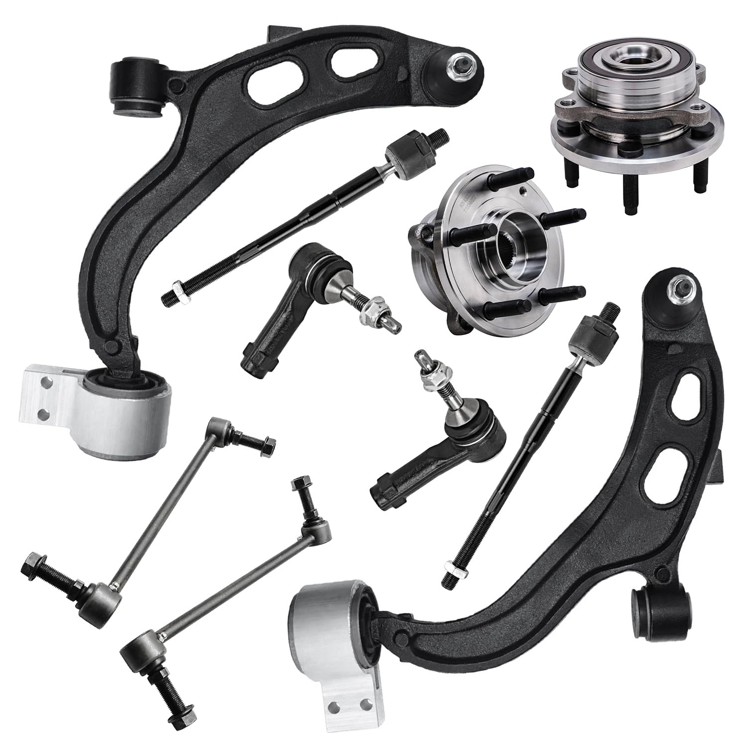 10pc Front Lower Control Arms Wheel Hub and Bearings Tie Rods Suspension Kit