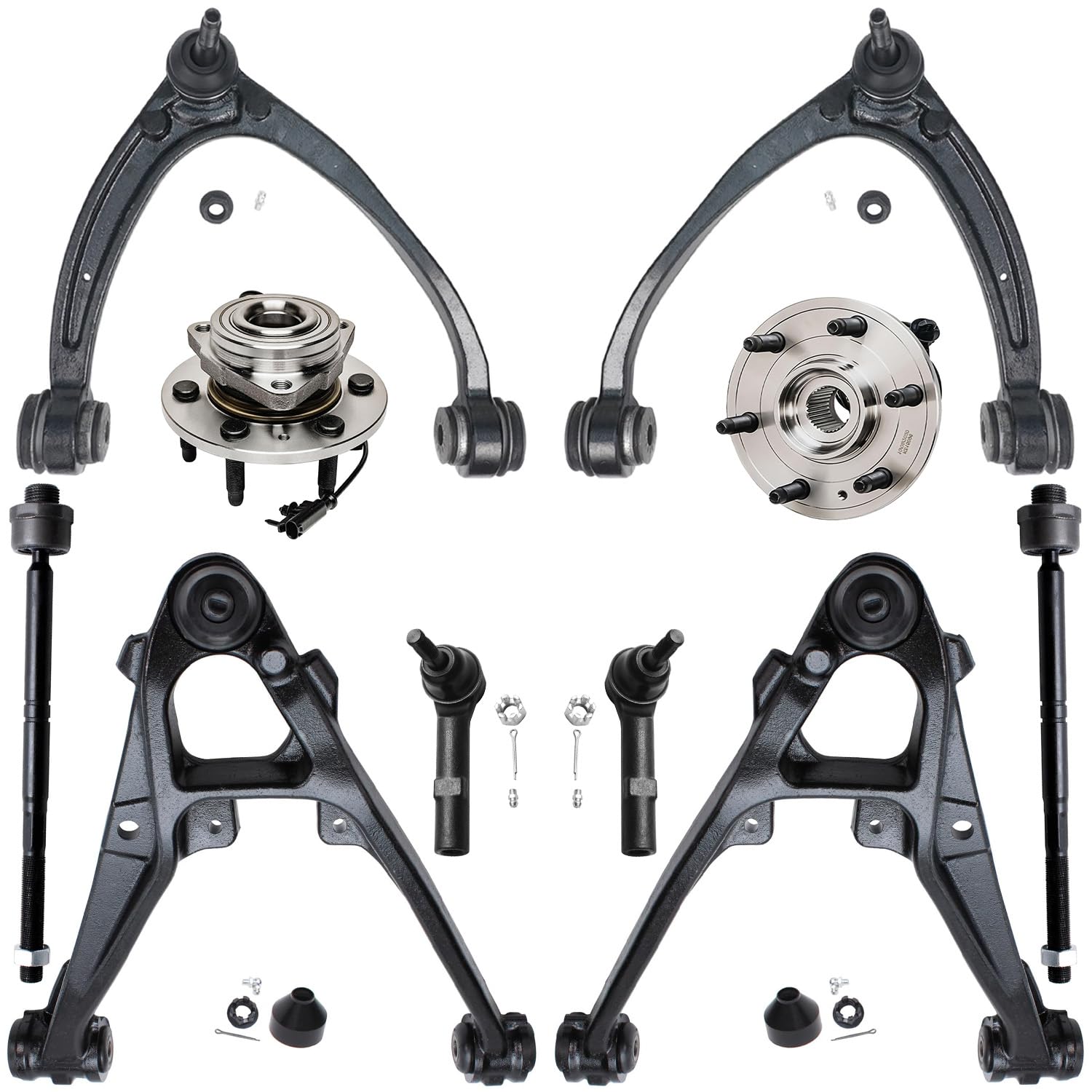 10pc Front Control Arms Wheel Hub and Bearings Tie Rods Suspension Kit