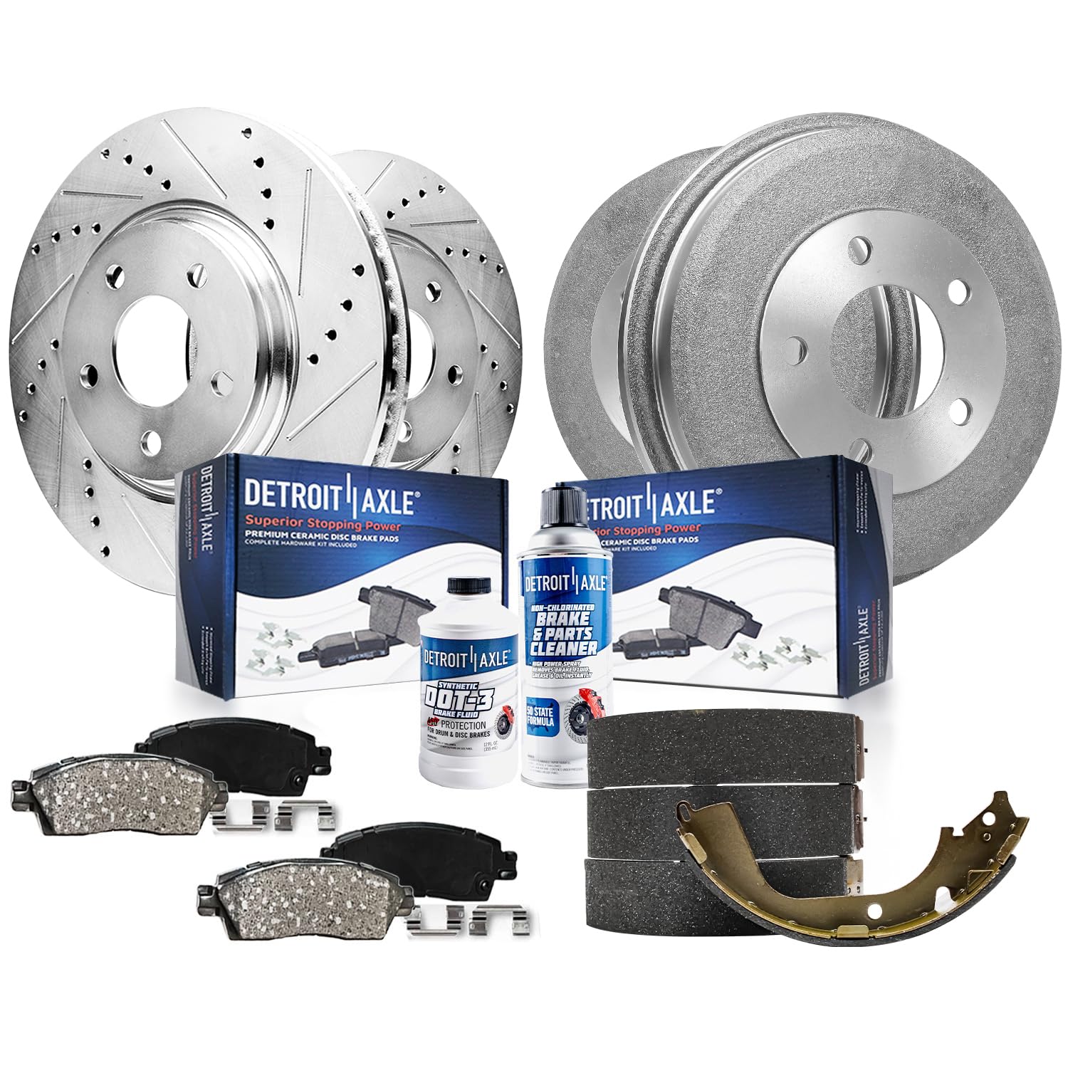 10pc Front Drilled Slotted Rotors Ceramic Brake Pads and Rear Drums Shoes Kit