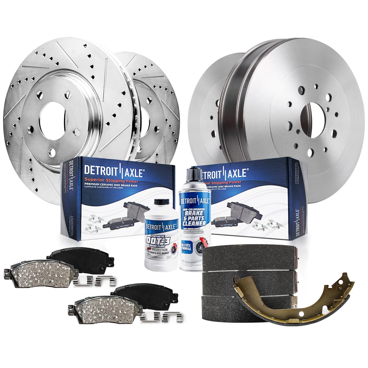 10pc Front Drilled Slotted Rotors Ceramic Brake Pads Rear Drums Brake Shoes Kit