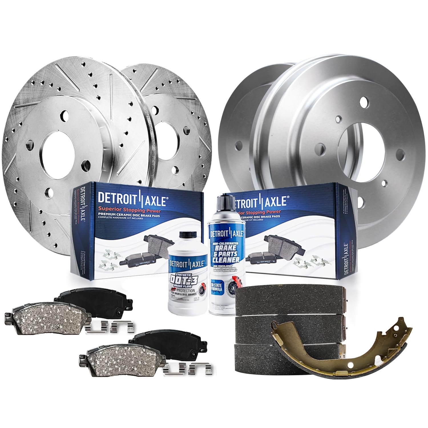 10pc Front Drilled Slotted Rotors Ceramic Brake Pads Rear Drums Brake Shoes Kit