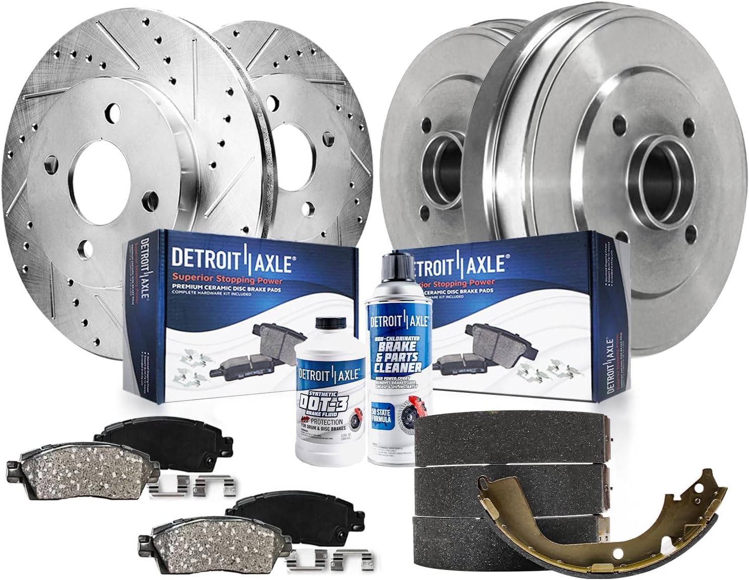10pc Front Drilled Slotted Rotors Ceramic Brake Pads Rear Drums Brake Shoes Kit
