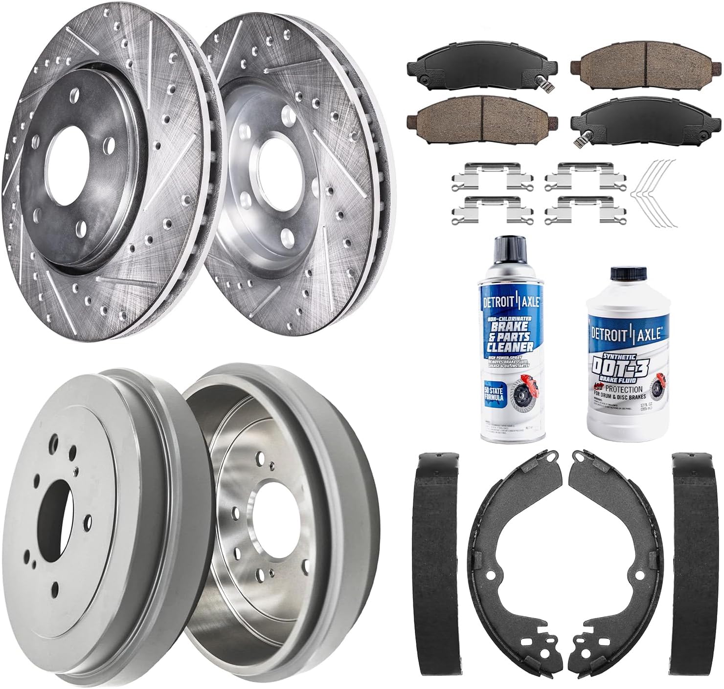 10pc Front Drilled Slotted Rotors Ceramic Brake Pads Rear Drums Brake Shoes Kit