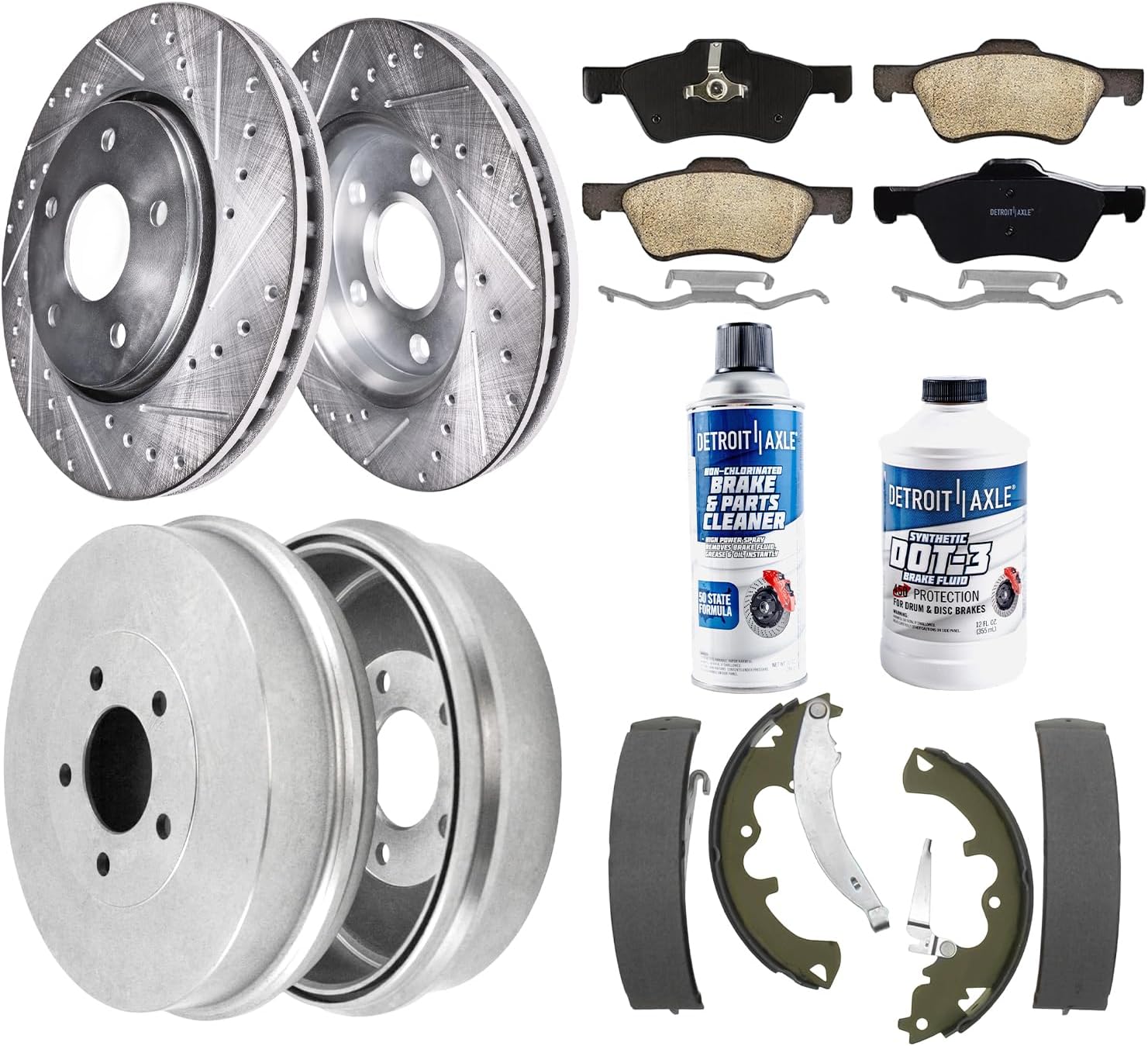 10pc Front Drilled Slotted Rotors Ceramic Brake Pads Rear Drums Brake Shoes Kit