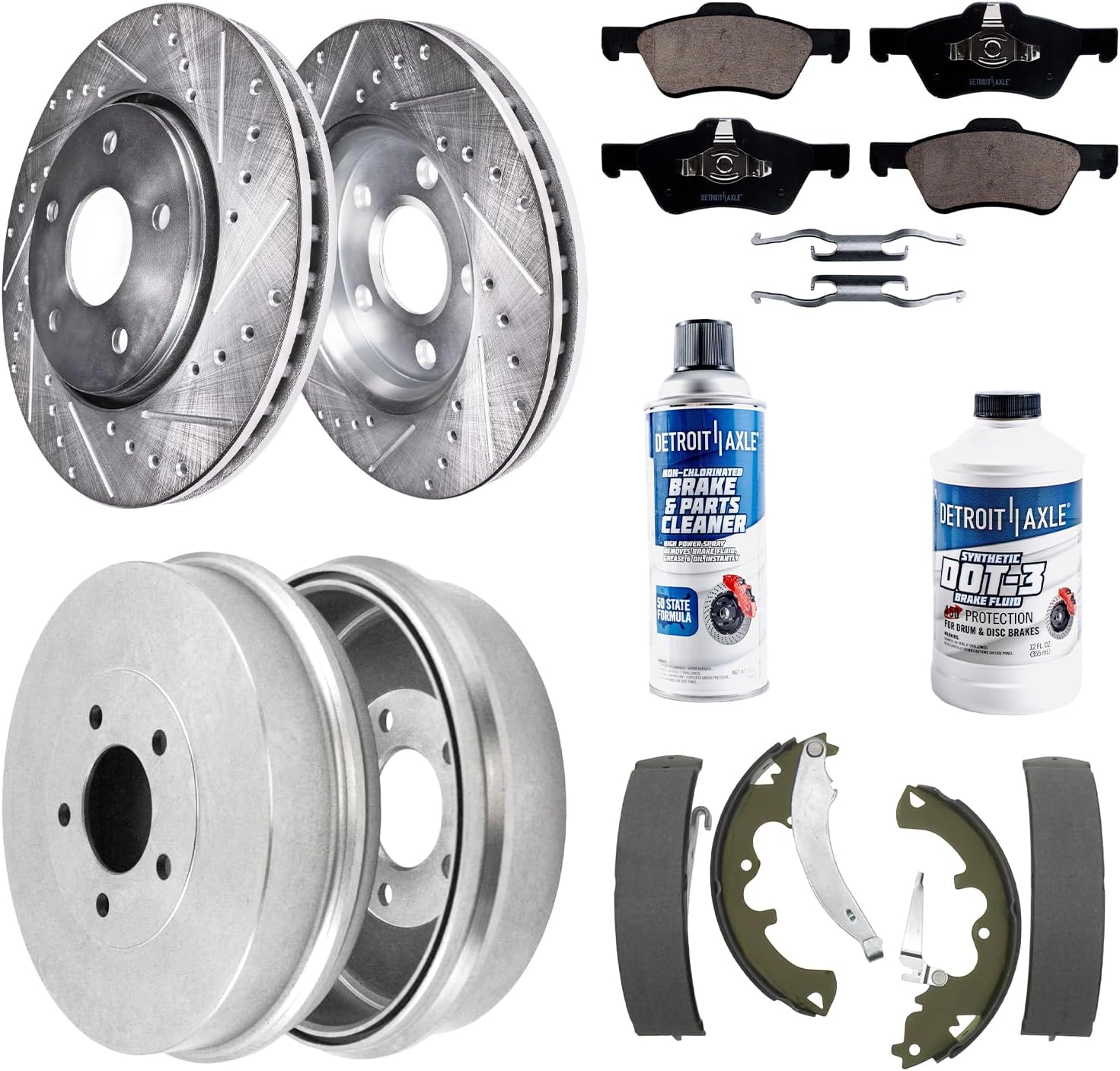 10pc Front Drilled Slotted Rotors Ceramic Brake Pads Rear Drums Brake Shoes Kit