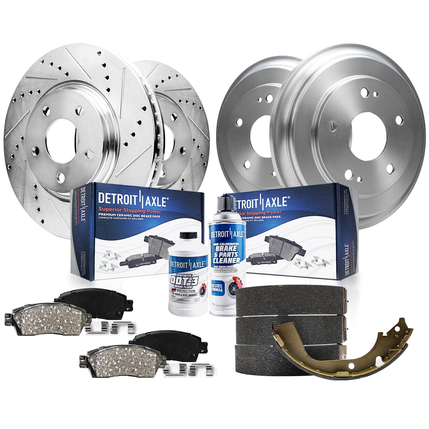 10pc Front Drilled Slotted Rotors Ceramic Brake Pads Rear Drums Brake Shoes Kit