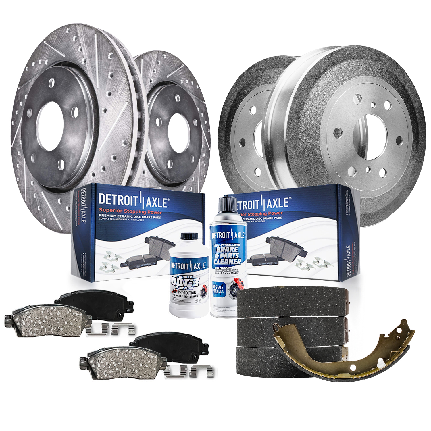 10pc Front Drilled Slotted Rotors Ceramic Brake Pads Rear Drums Brake Shoes Kit