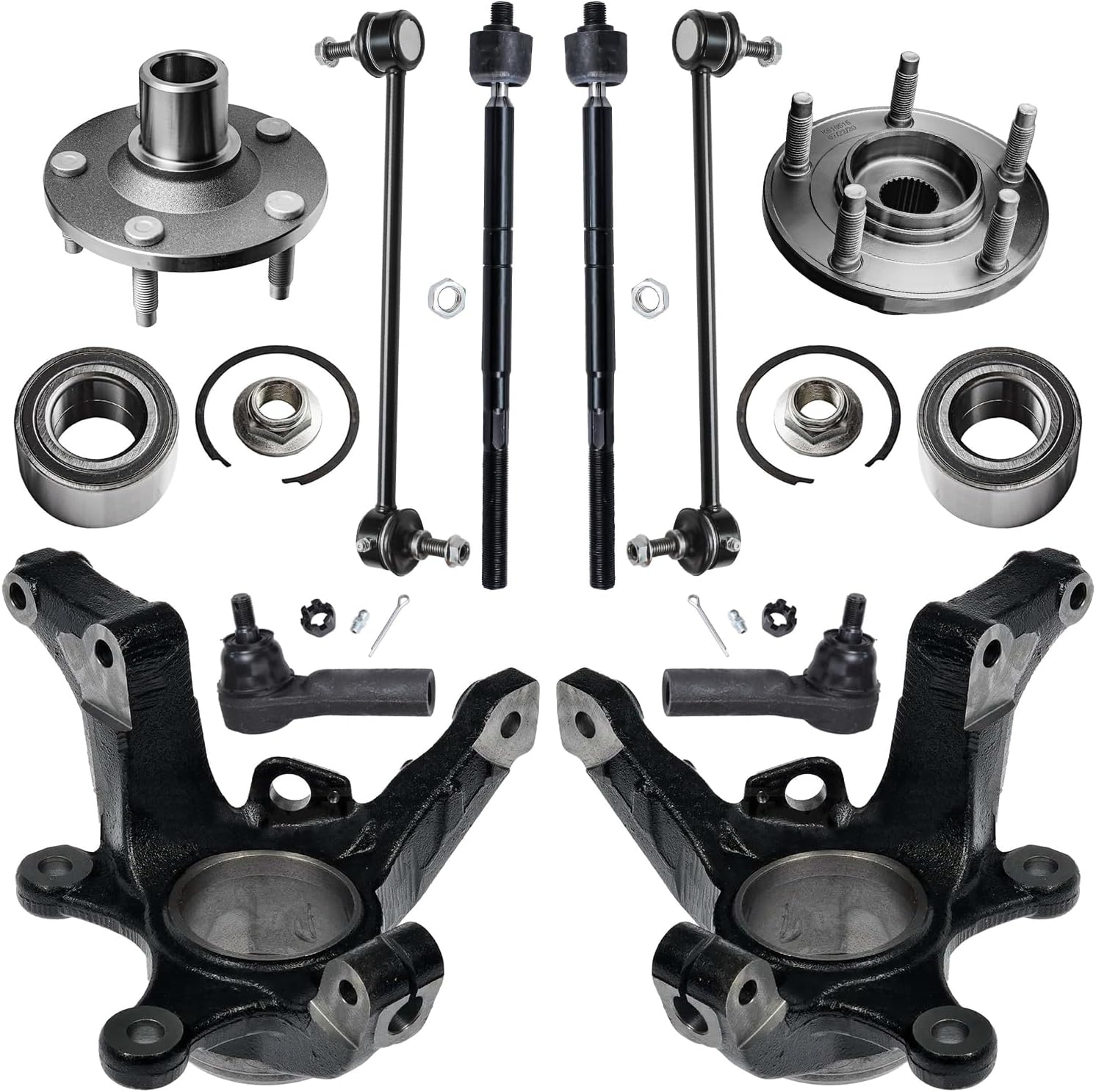 10pc Front Steering Knuckles Wheel Hub and Bearings Tie Rods Suspension Kit