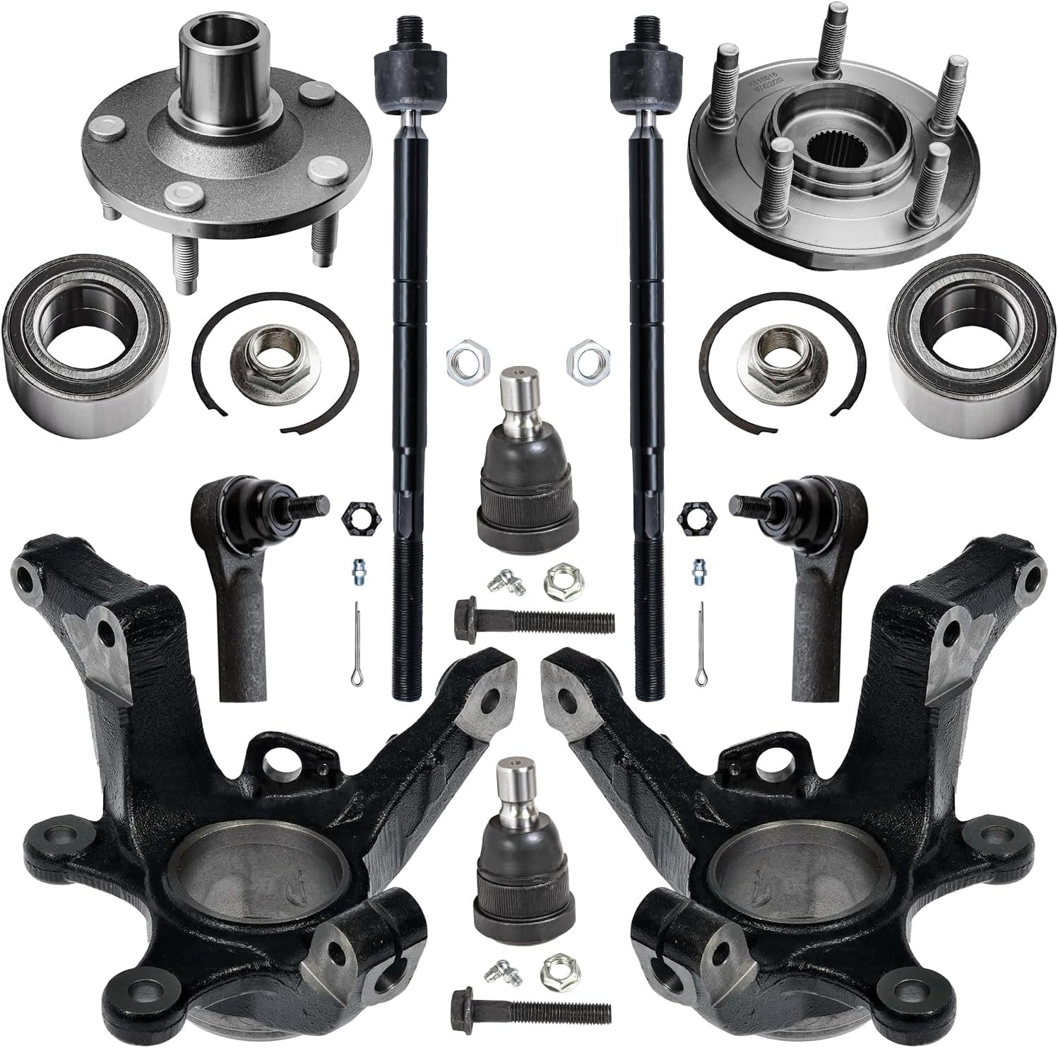 10pc Front Steering Knuckles Wheel Hub and Bearings Tie Rods Suspension Kit