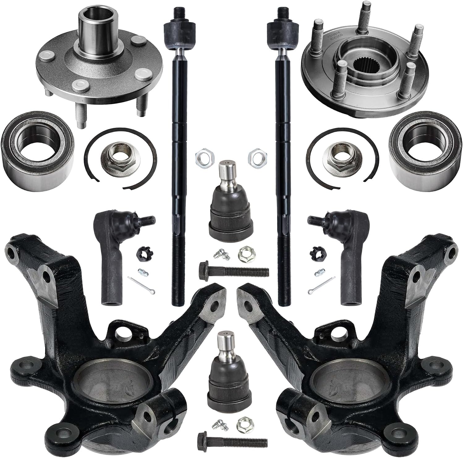 10pc Front Steering Knuckles Wheel Hub and Bearings Tie Rods Suspension Kit
