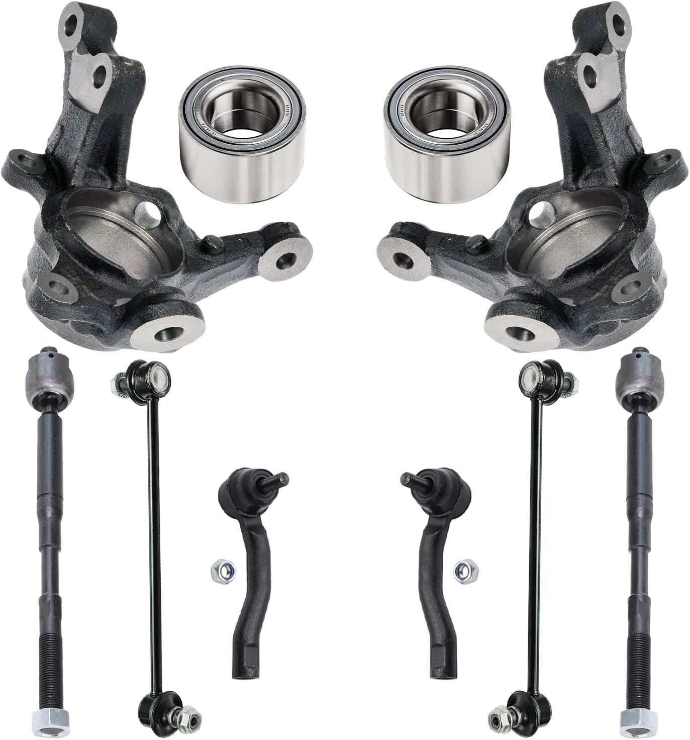 10pc Front Steering Knuckles Wheel Bearings Inner Outer Tie Rods Suspension Kit