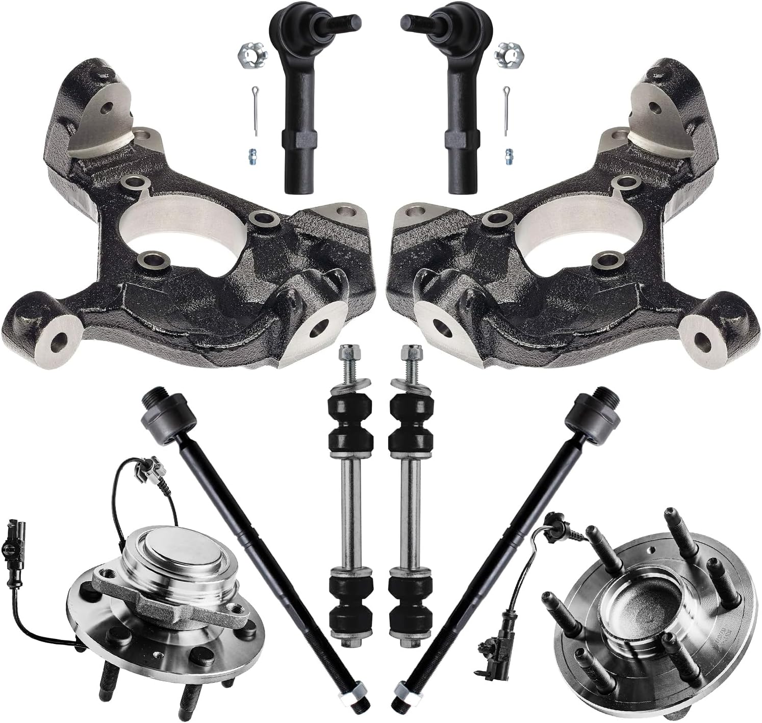 10pc Front Steering Knuckles Wheel Hub and Bearings Tie Rods Suspension Kit
