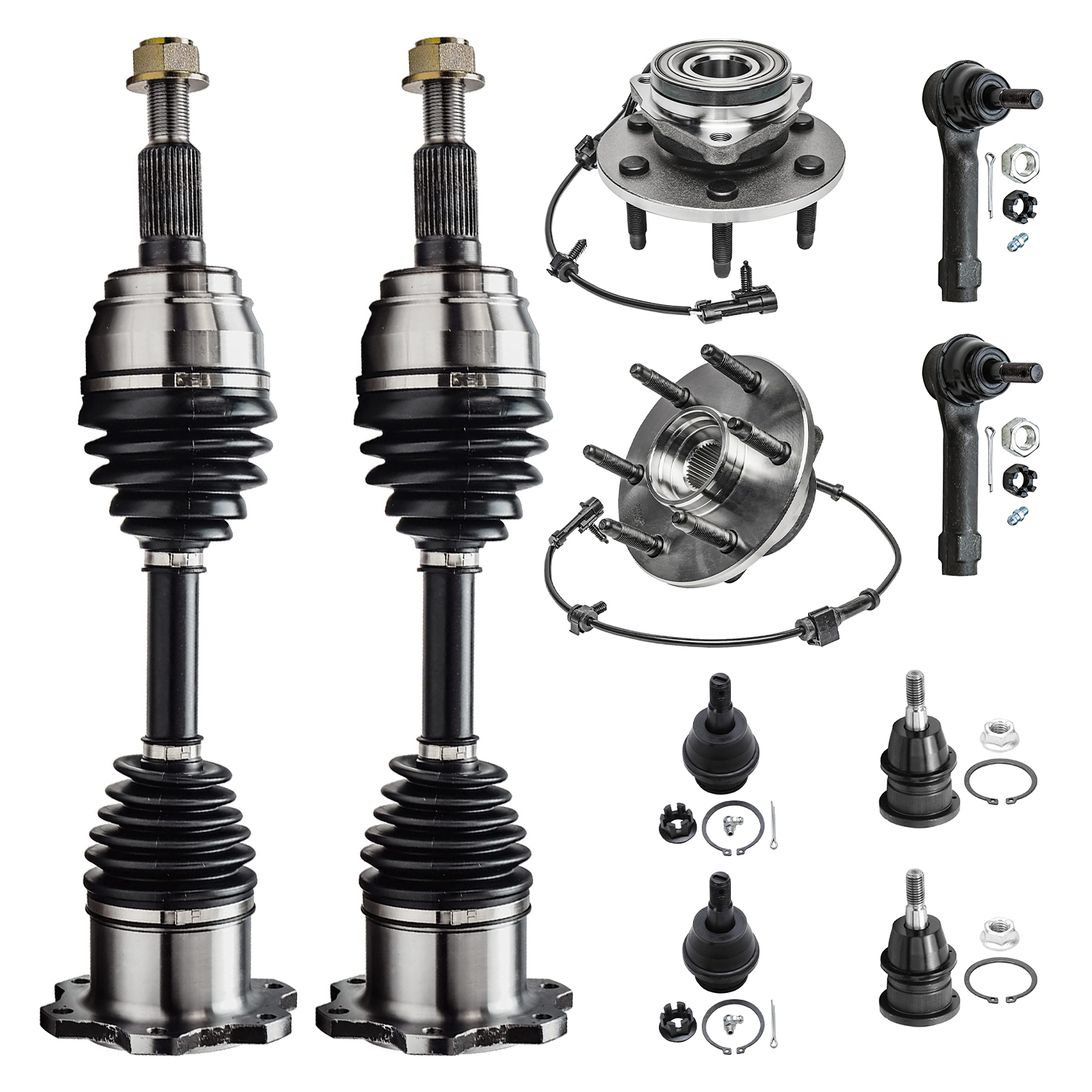 10pc Front CV Axles Wheel Hub and Bearings Outer Tie Rods Suspension Kit