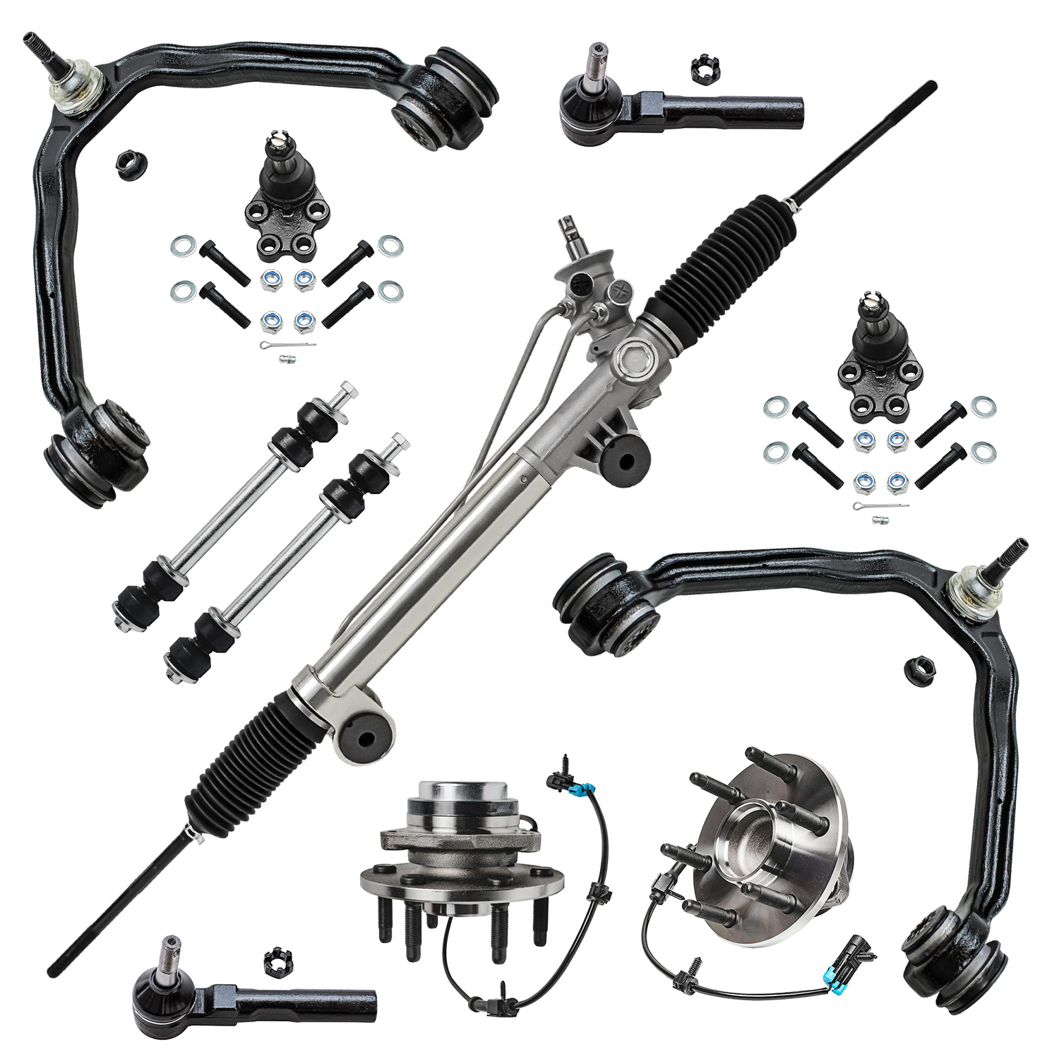 11pc Power Steering Rack and Pinion Wheel Hub and Bearings Suspension Kit