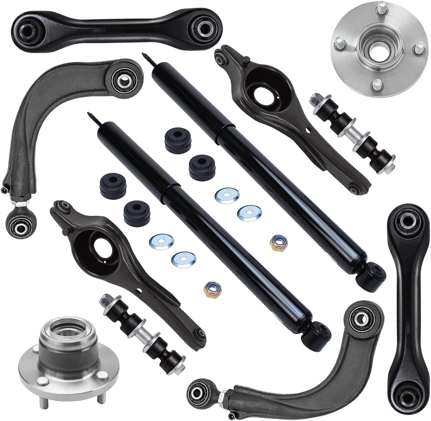 12pc Rear Shocks Upper Lower Control Arms Wheel Hub and Bearings Suspension Kit
