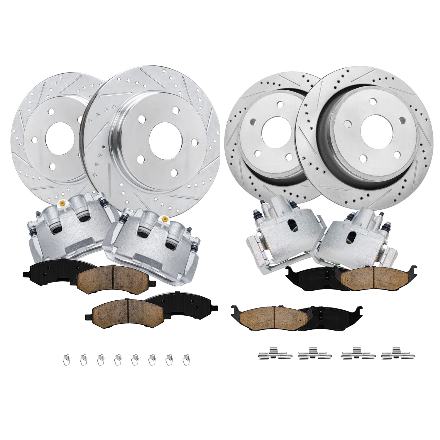 12pc Front & Rear Drilled Slotted Rotors Calipers Ceramic Brake Pads Kit