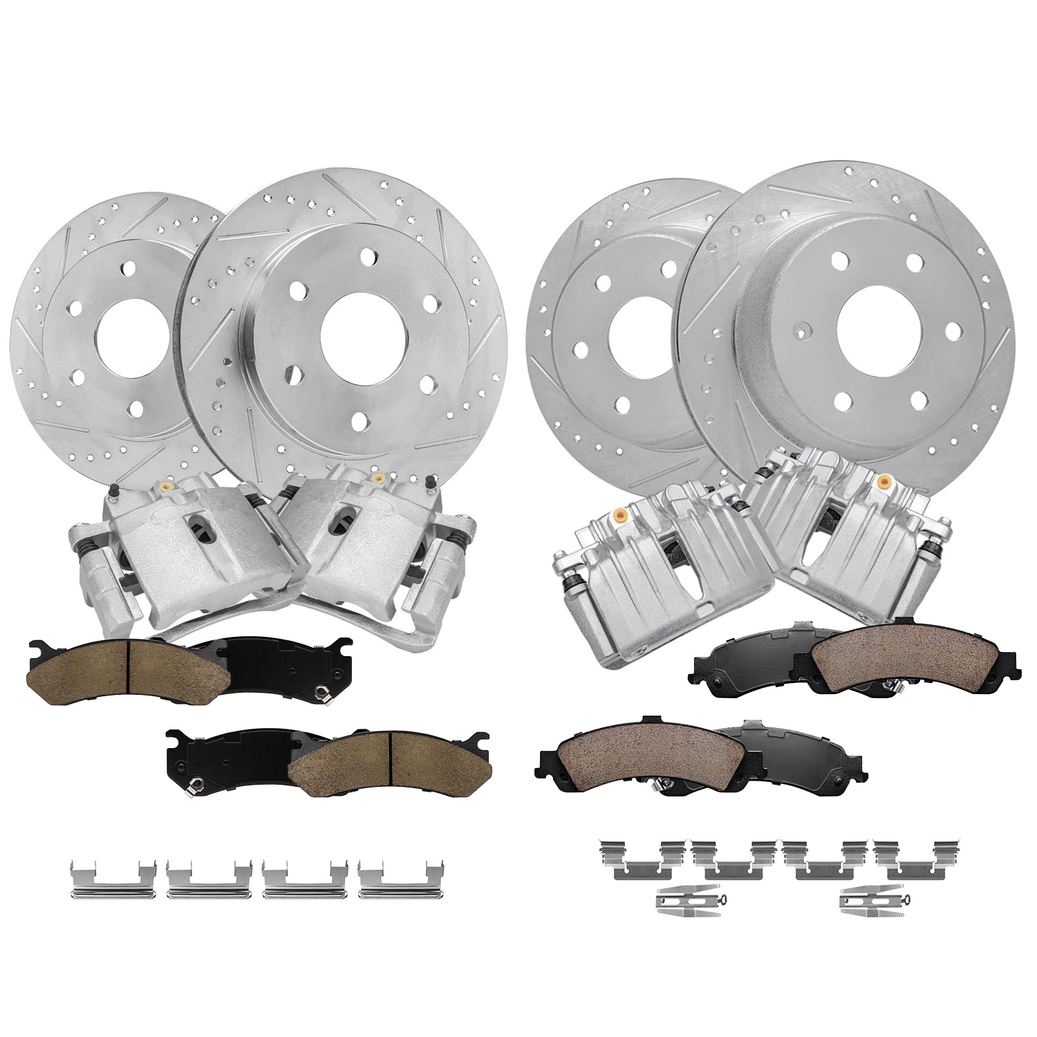 12pc Front & Rear Drilled Slotted Rotors Calipers Ceramic Brake Pads Kit