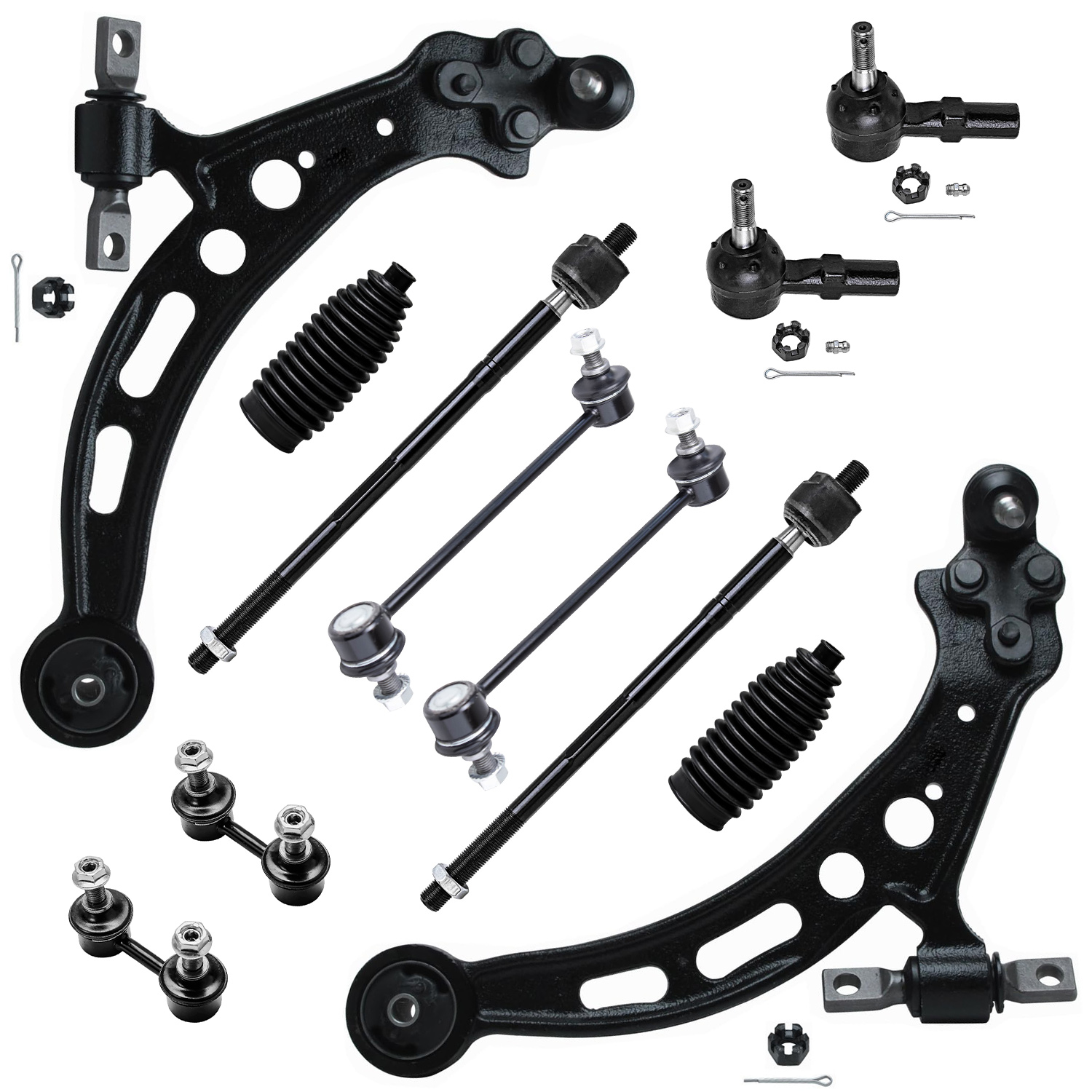 12pc Front Lower Control Arms Inner Outer Tie Rods Sway Bar Links Suspension Kit