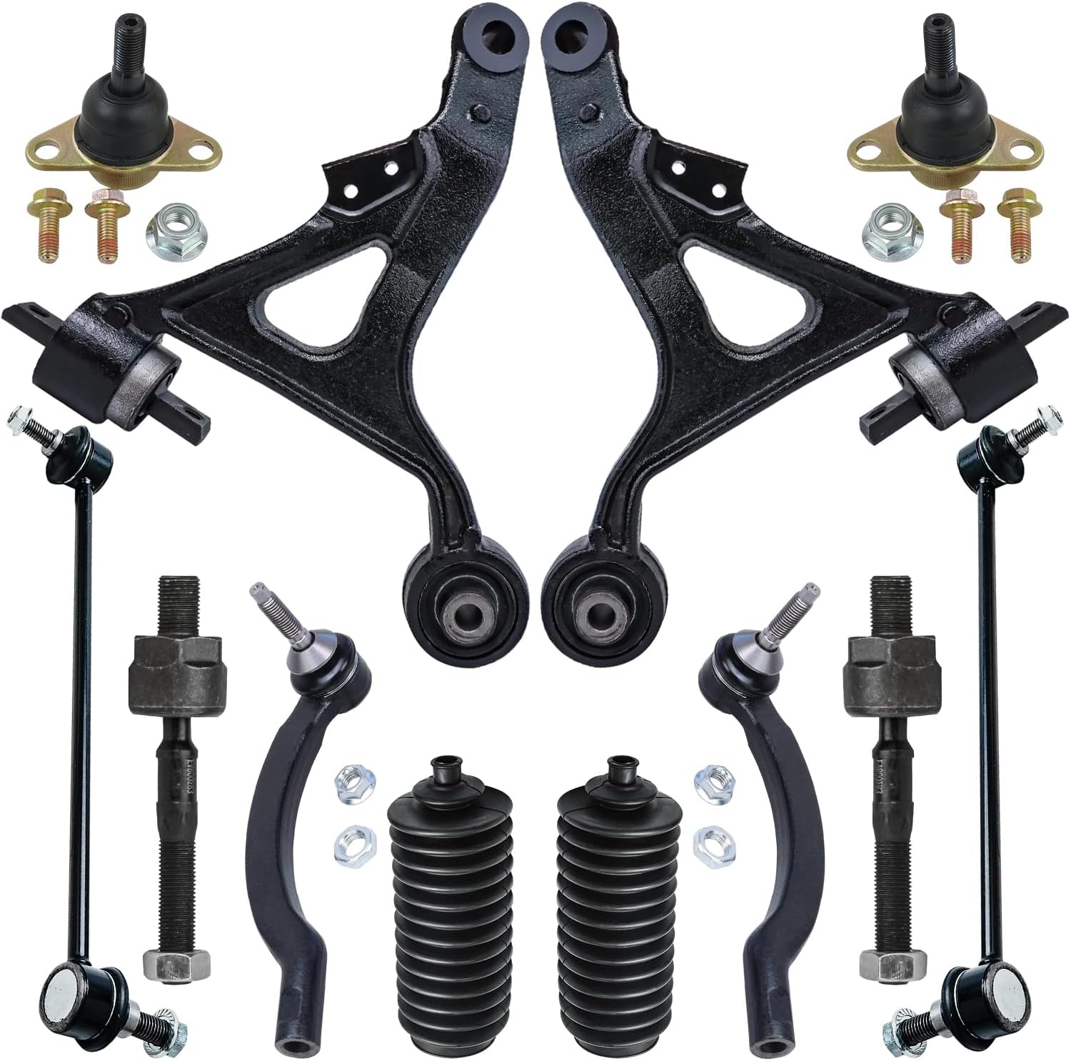12pc Front Lower Control Arms Ball Joints Sway Bar Links Tie Rods Suspension Kit