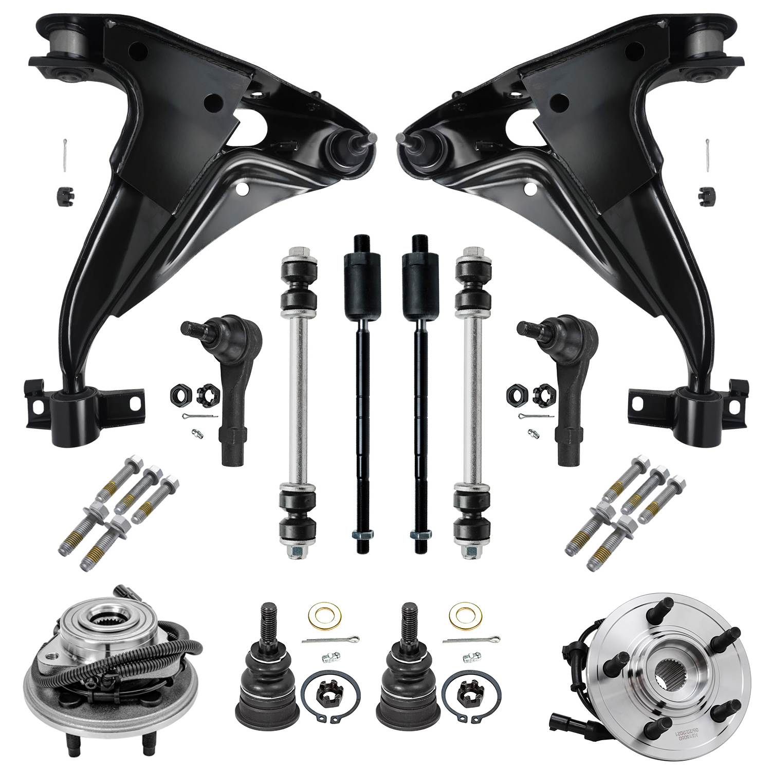 12pc Front Lower Control Arms Wheel Hub and Bearings Tie Rods Suspension Kit
