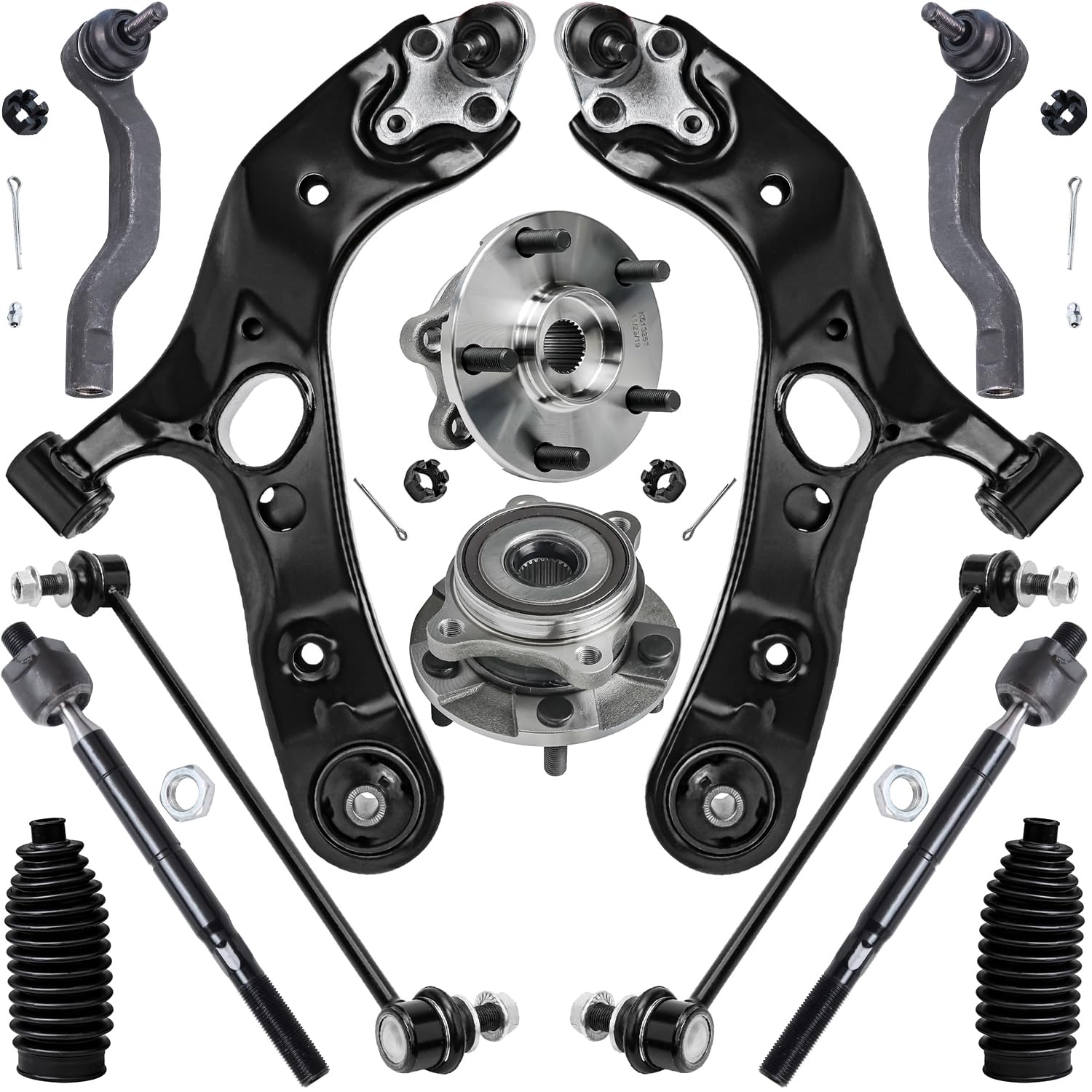 12pc Front Lower Control Arms Wheel Hub and Bearings Tie Rods Suspension Kit