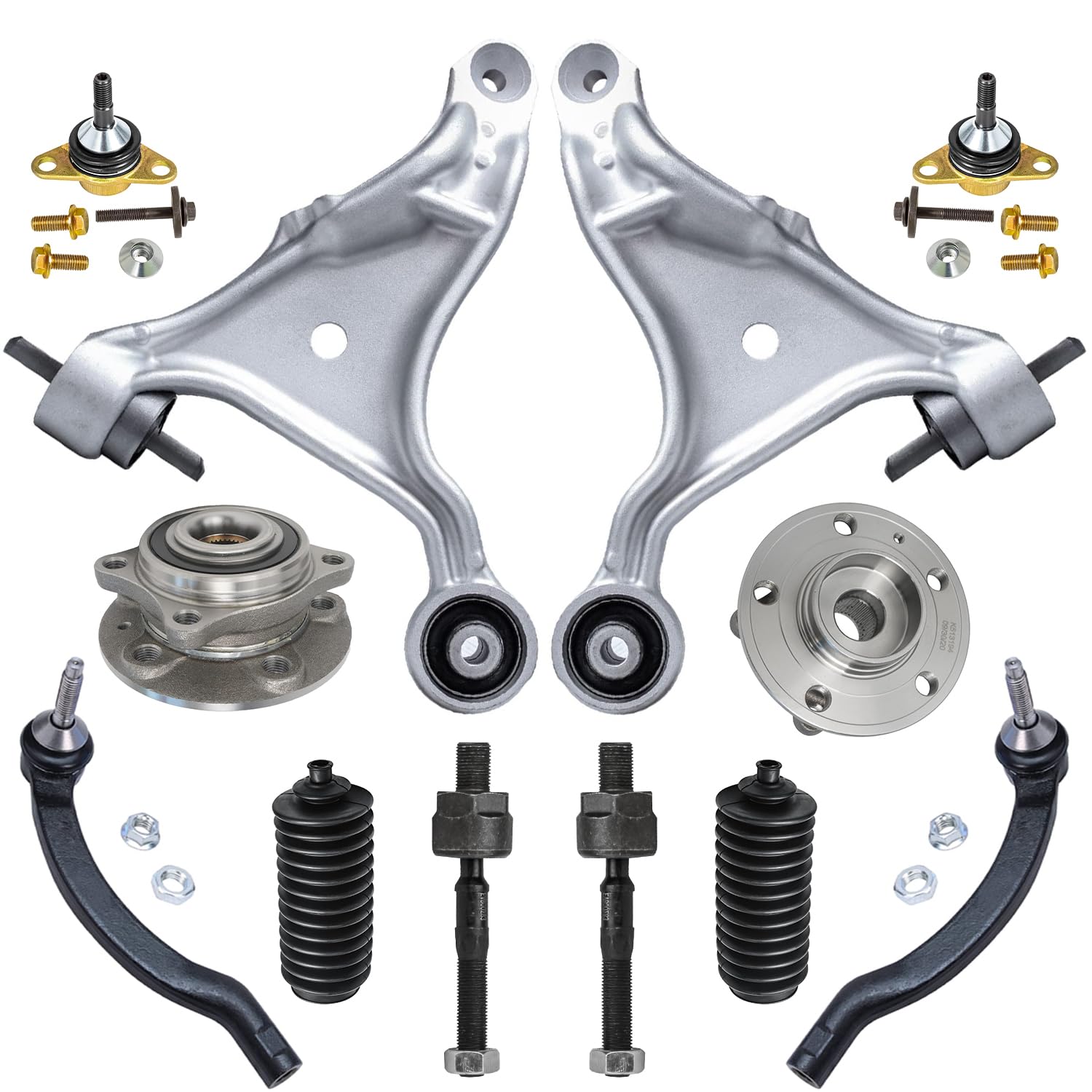 12pc Front Lower Control Arms Wheel Hub and Bearings Tie Rods Suspension Kit