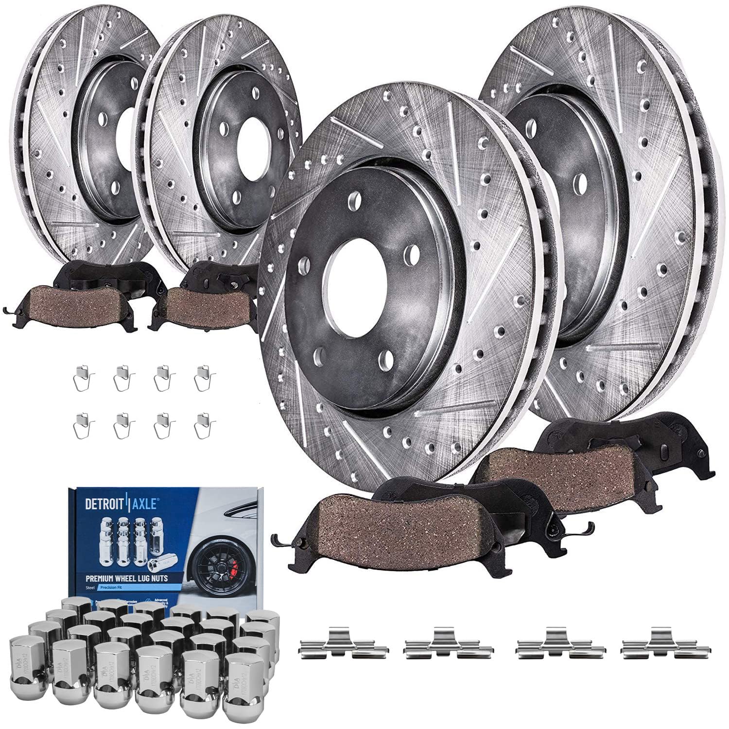 32pc Front & Rear Drilled Slotted Rotors Ceramic Brake Pads Chrome Lug Nuts Kit