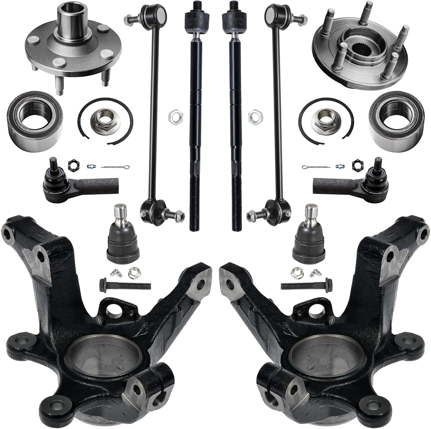 12pc Front Steering Knuckles Wheel Hub and Bearings Tie Rods Suspension Kit