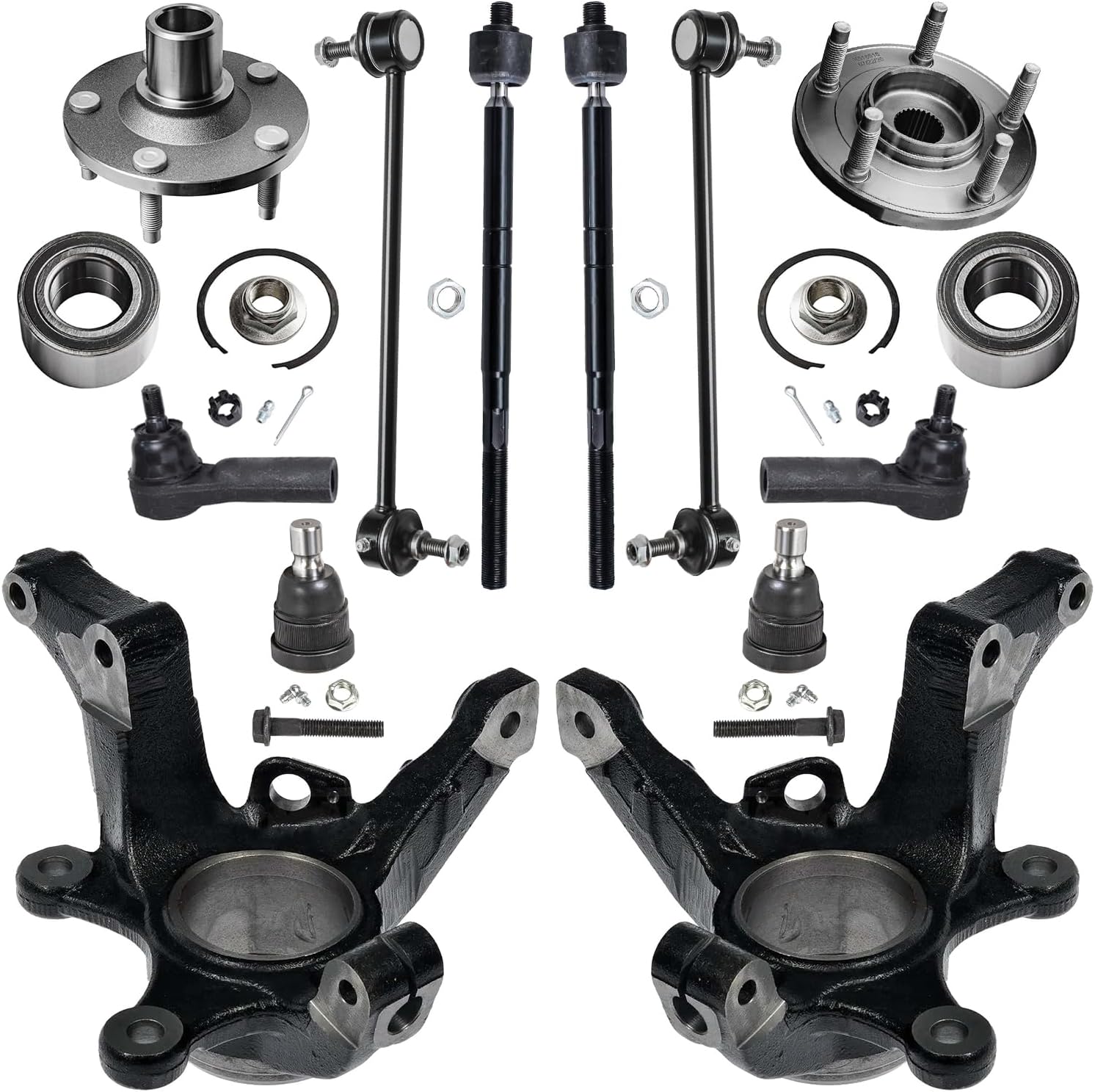 12pc Front Steering Knuckles Wheel Hub and Bearings Tie Rods Suspension Kit