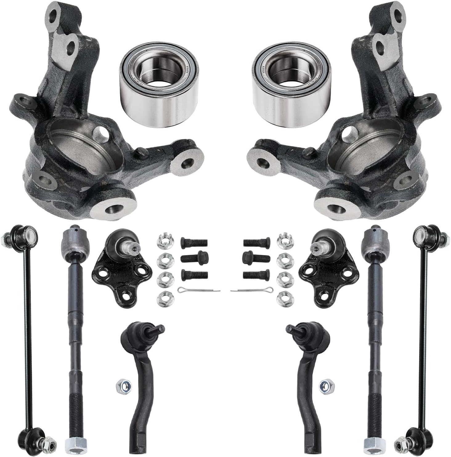 12pc Front Steering Knuckles Wheel Bearings Inner Outer Tie Rods Suspension Kit