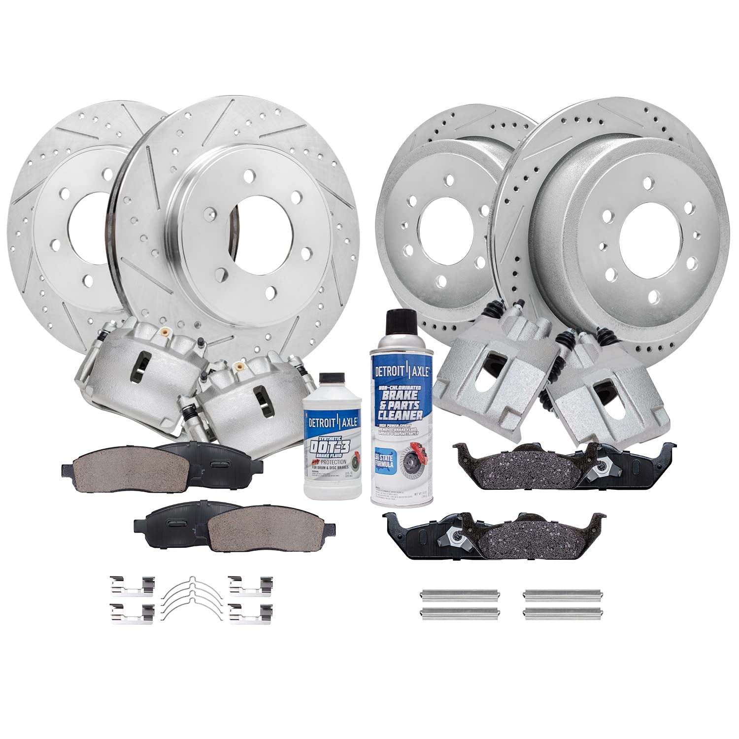14pc Front & Rear Drilled Slotted Rotors Calipers Ceramic Brake Pads Kit