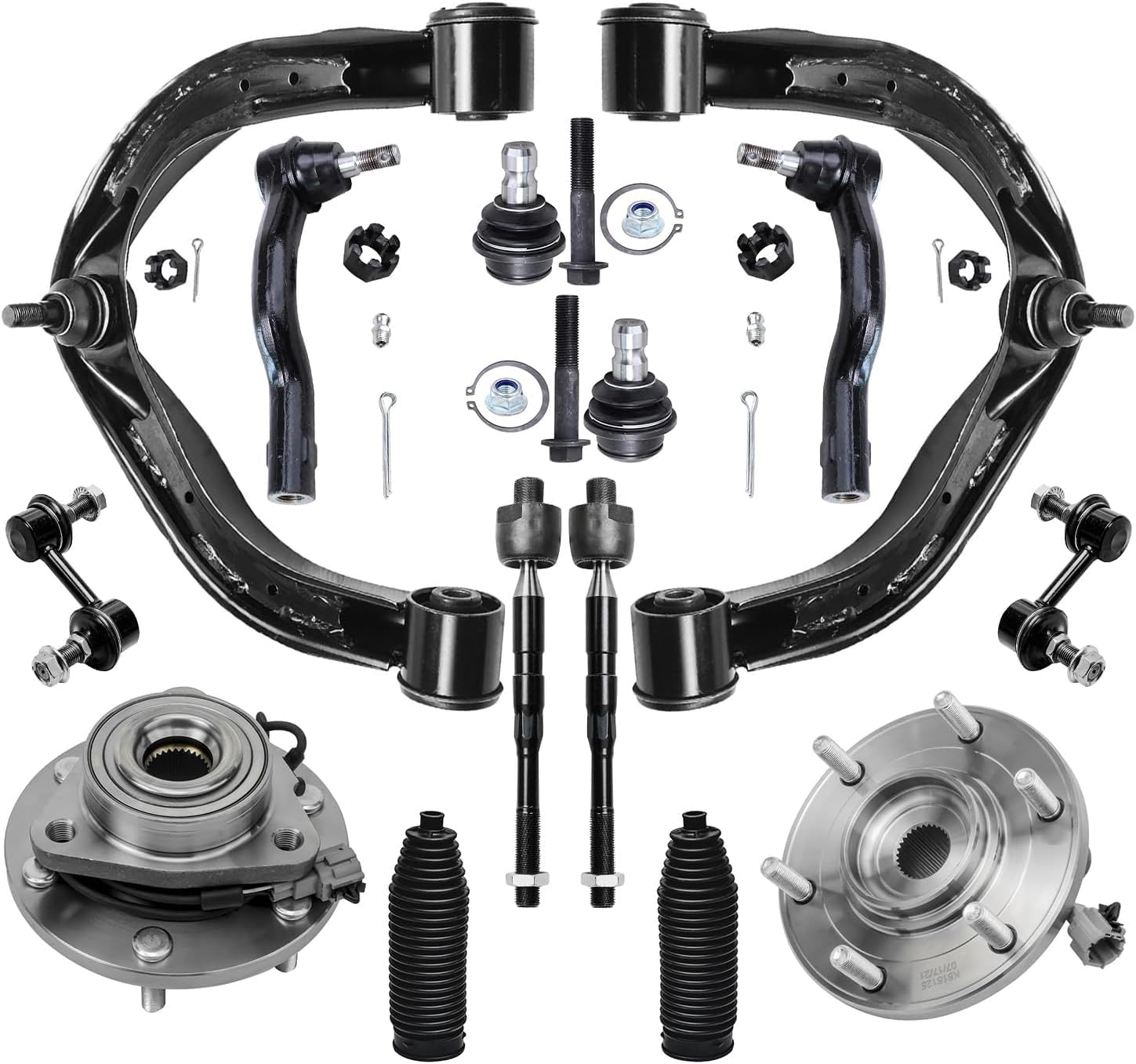14pc Front Upper Control Arms Wheel Hub and Bearings Tie Rods Suspension Kit