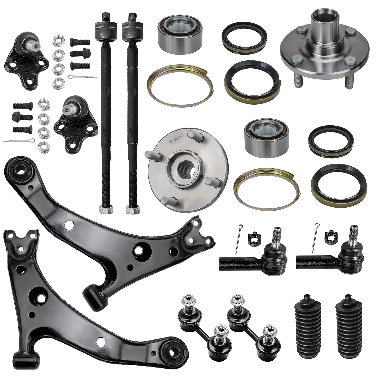 14pc Front Lower Control Arms Wheel Hub and Bearings Tie Rods Suspension Kit