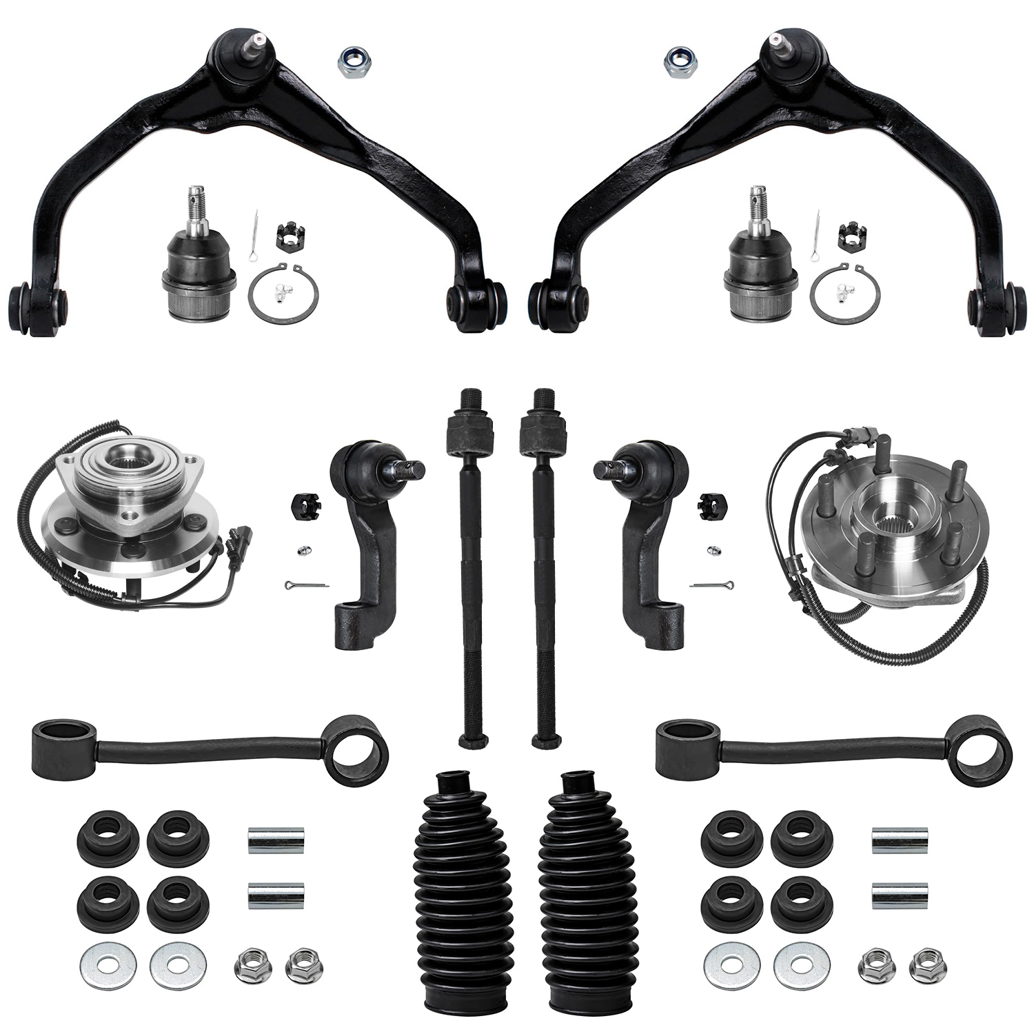 14pc Front Upper Control Arms Wheel Hub and Bearings Tie Rods Suspension Kit
