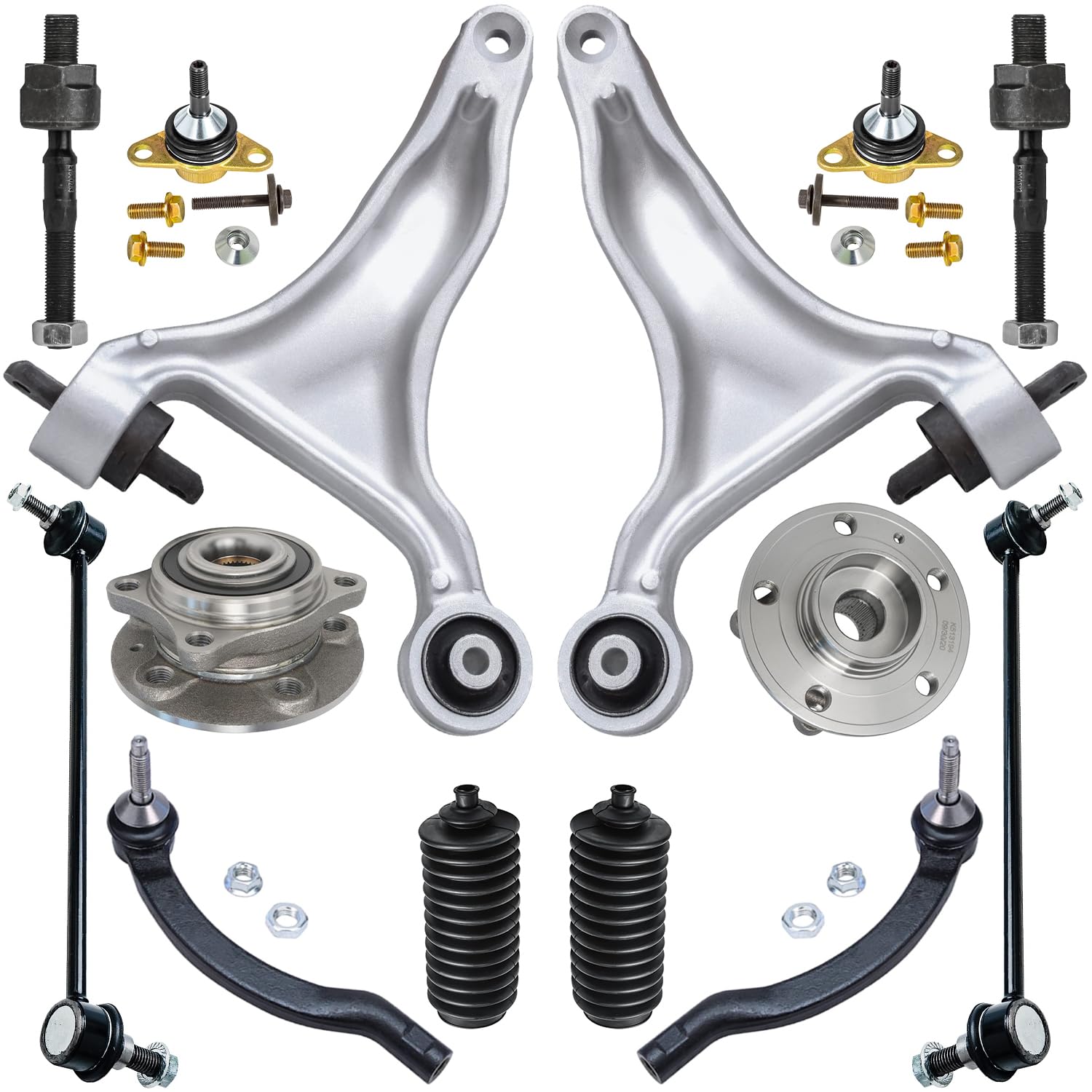14pc Front Lower Control Arms Wheel Hub and Bearings Tie Rods Suspension Kit