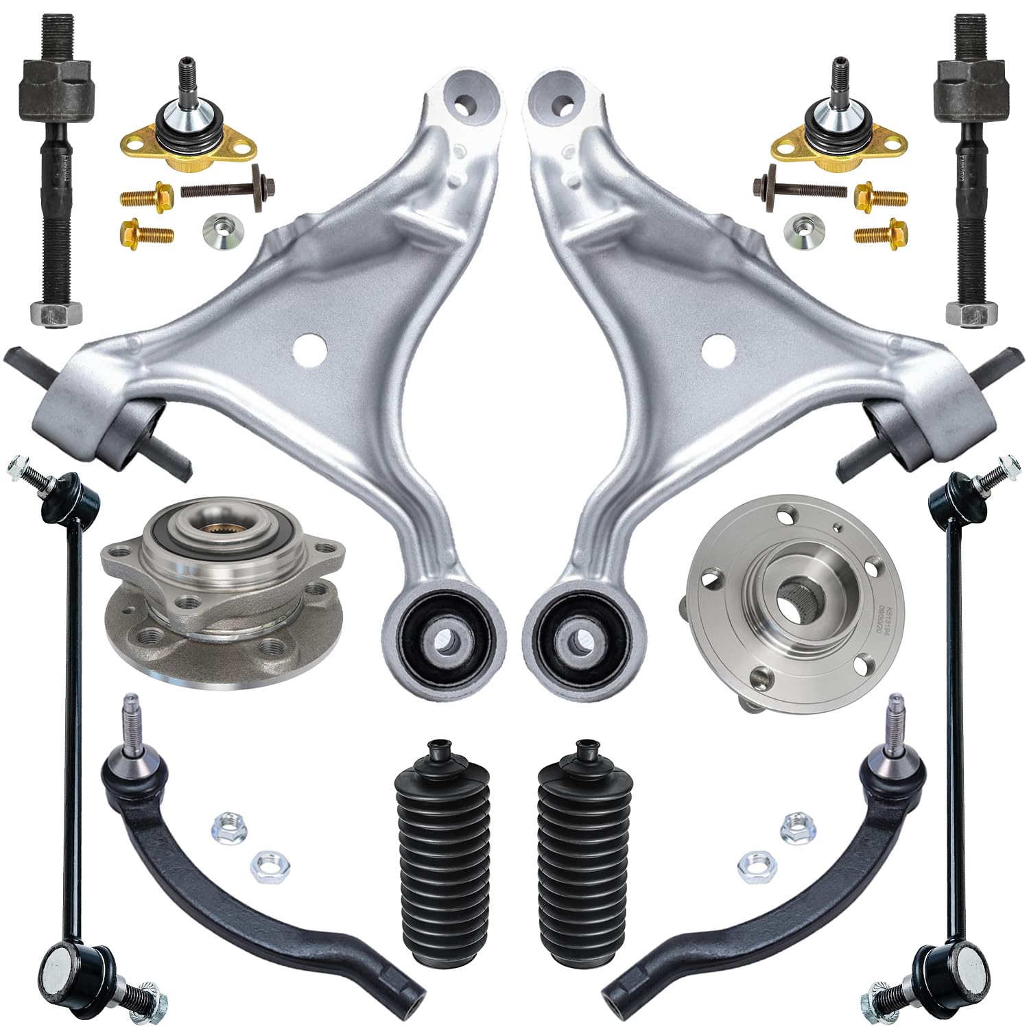 14pc Front Lower Control Arms Wheel Hub and Bearings Tie Rods Suspension Kit