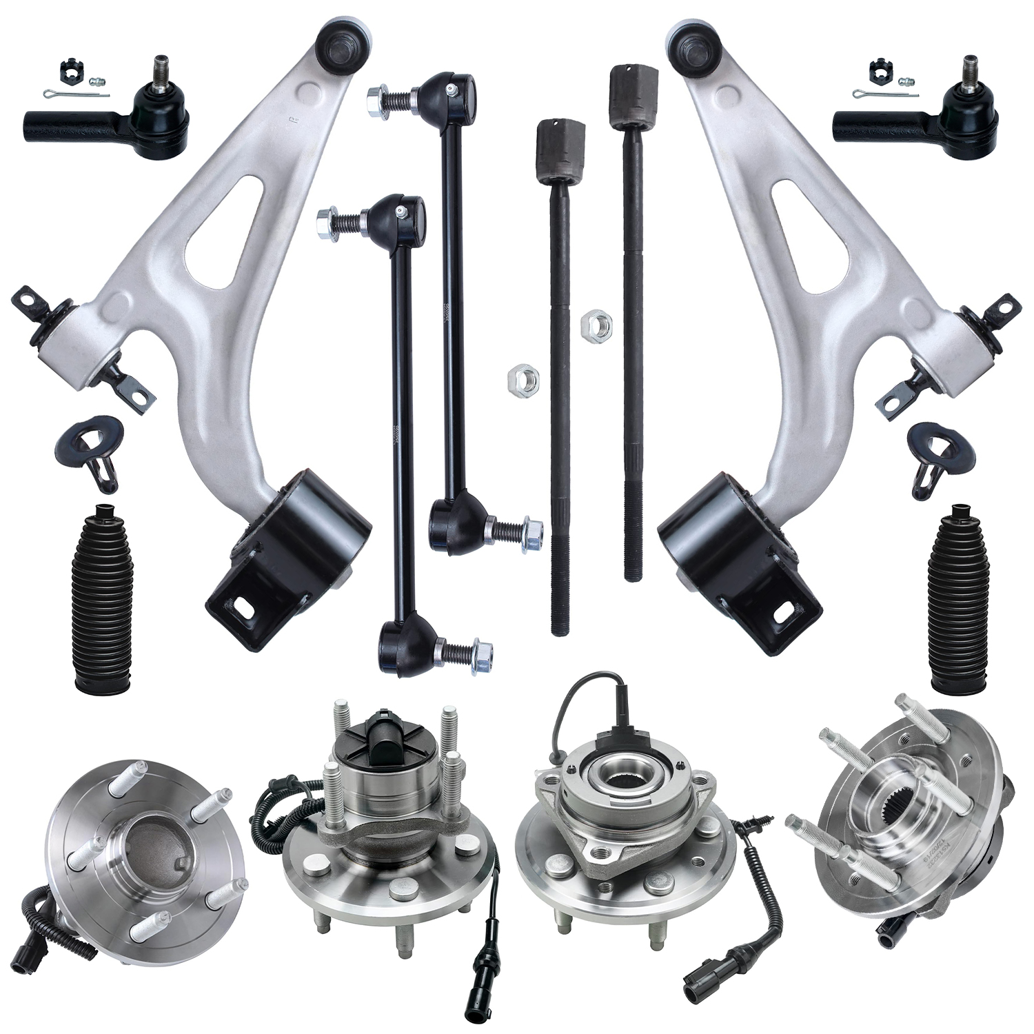 14pc Front Lower Control Arms Wheel Hub and Bearings Tie Rods Suspension Kit