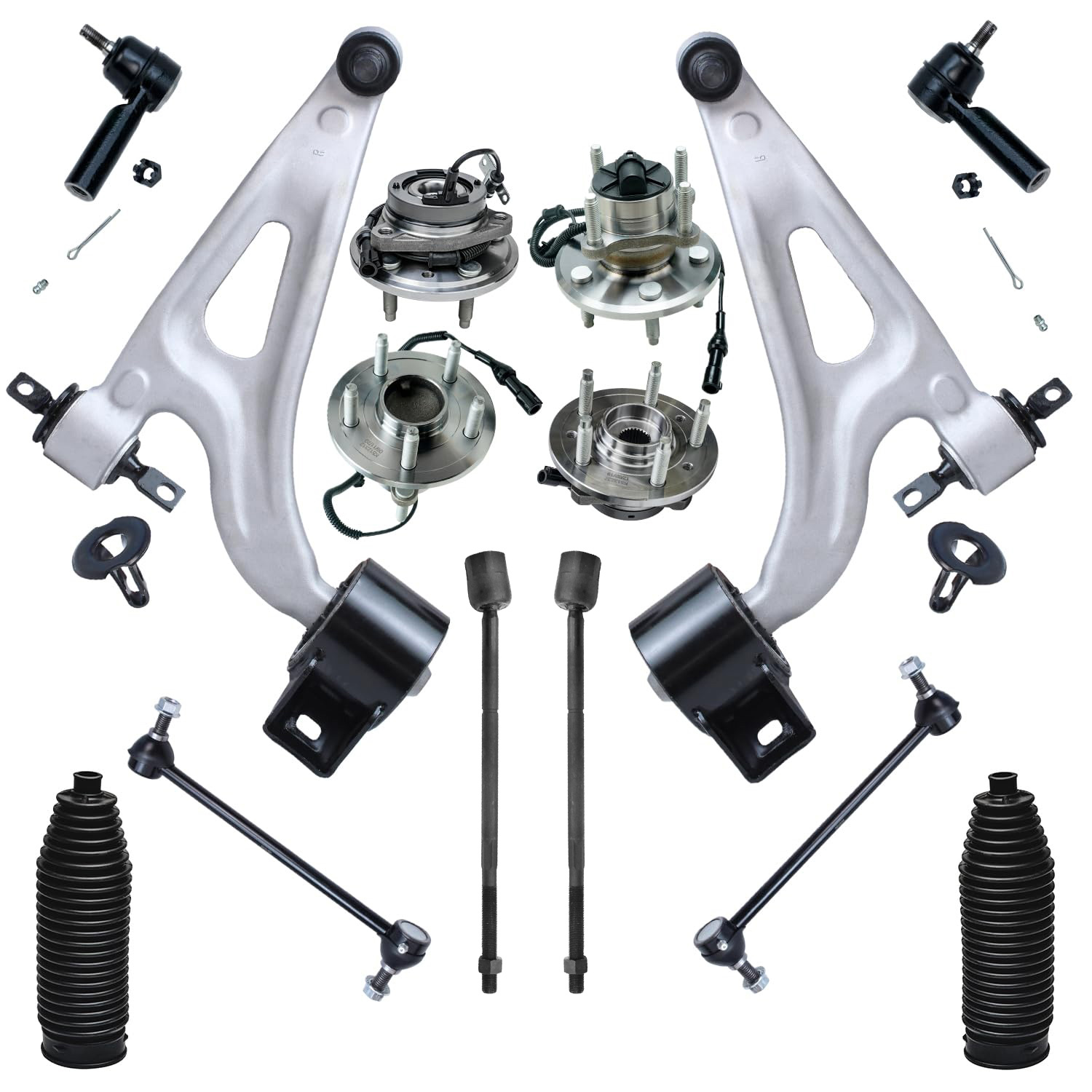 14pc Front Lower Control Arms Wheel Hub and Bearings Tie Rods Suspension Kit