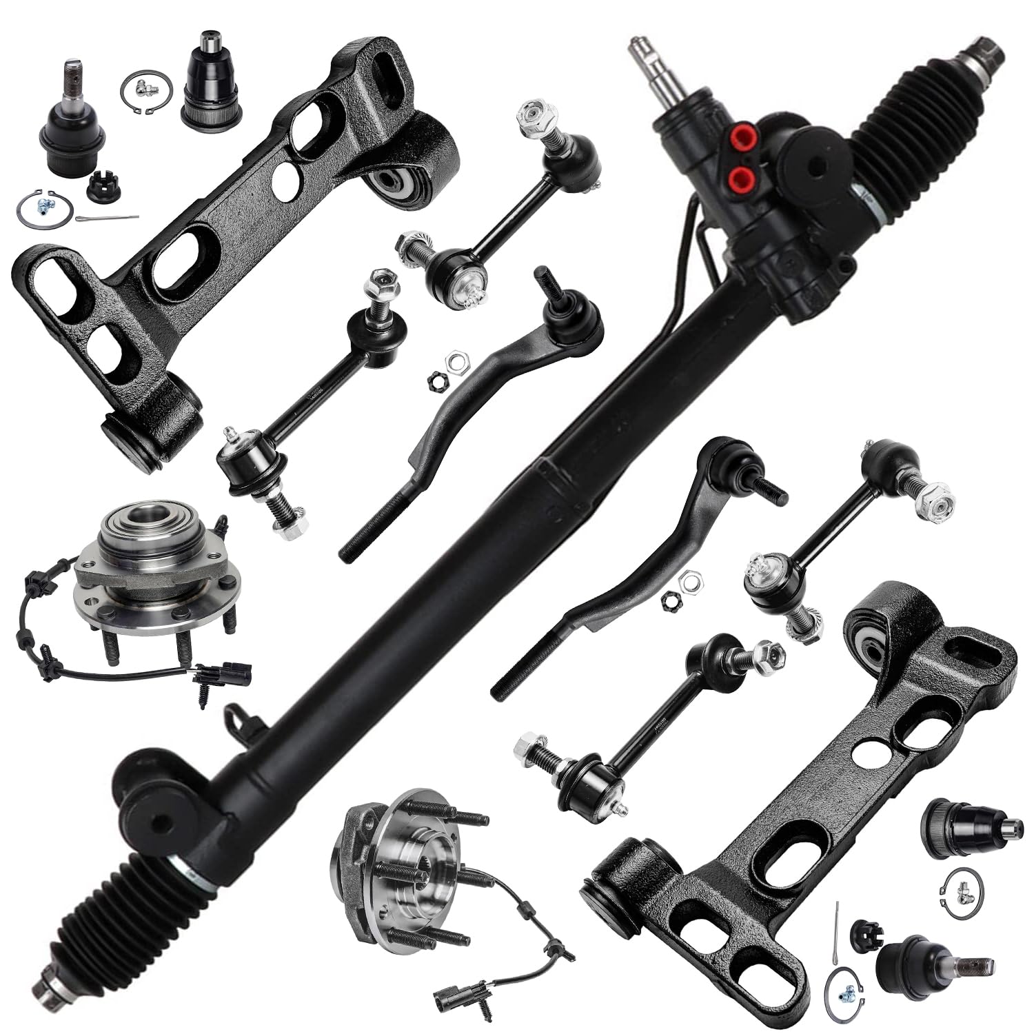 15pc Front Power Steering Rack and Pinion Lower Control Arms Suspension Kit
