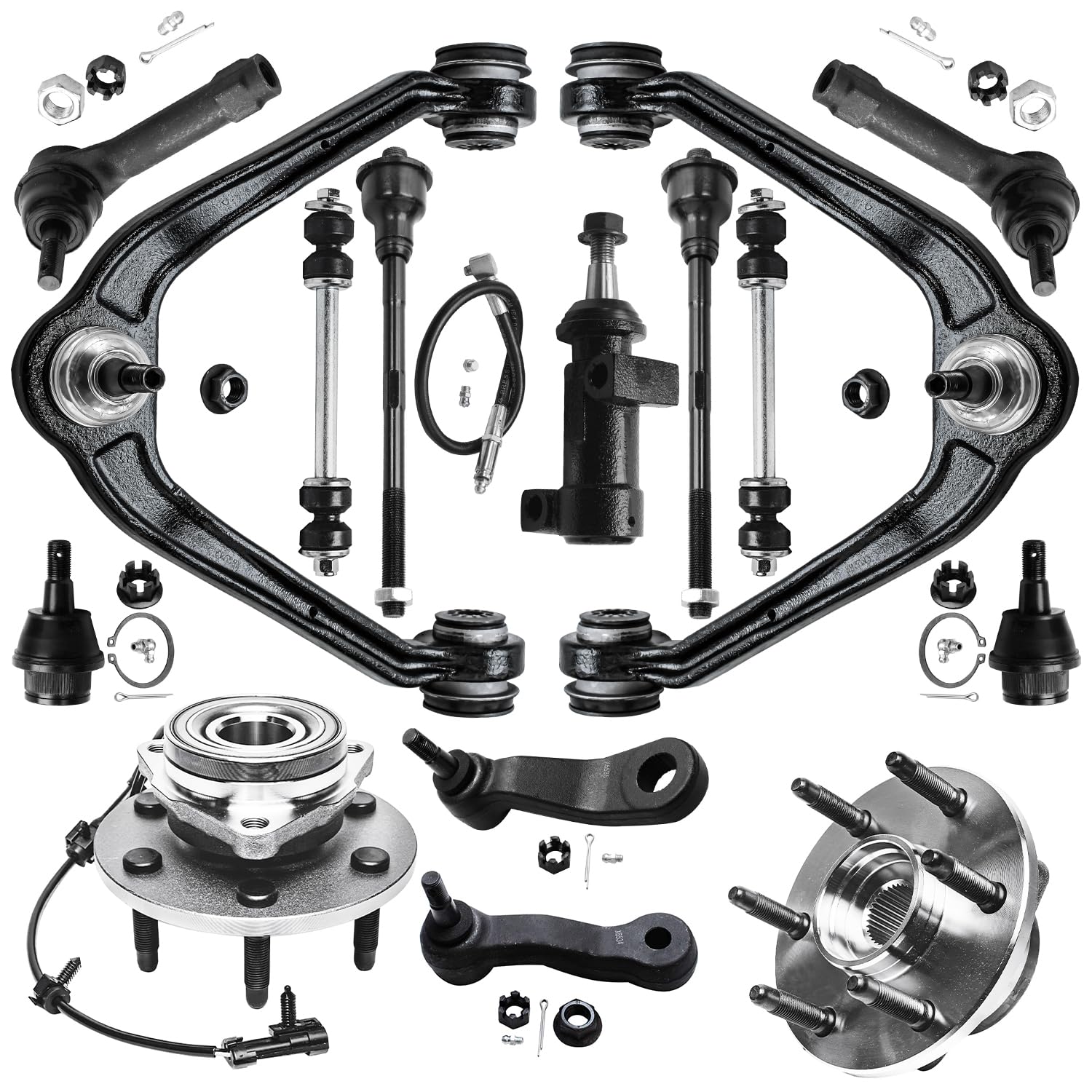 15pc Front Wheel Hub and Bearings Upper Control Arms Tie Rods Suspension Kit