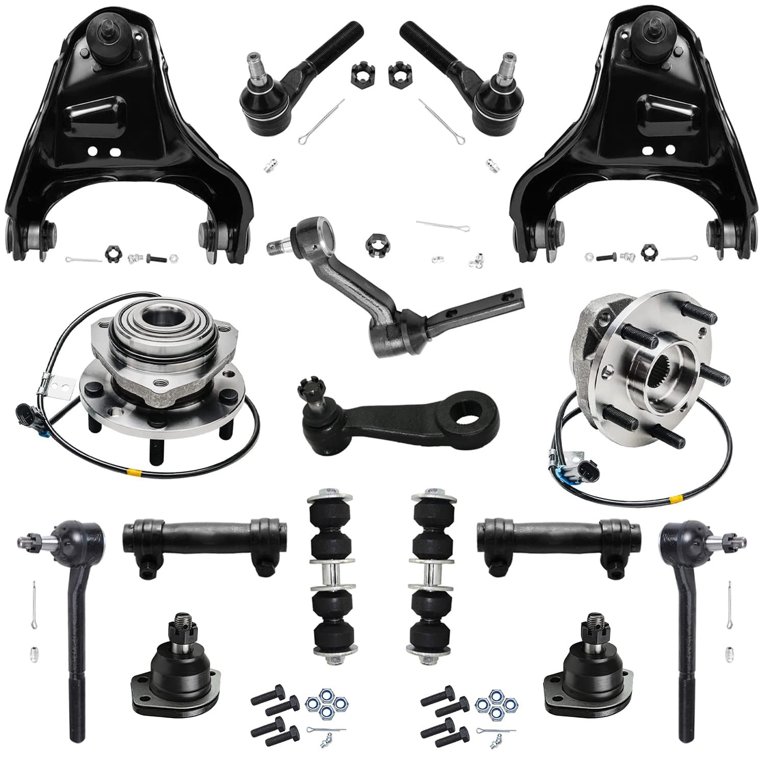 16pc Front Upper Control Arms Wheel Hub and Bearings Tie Rods Suspension Kit