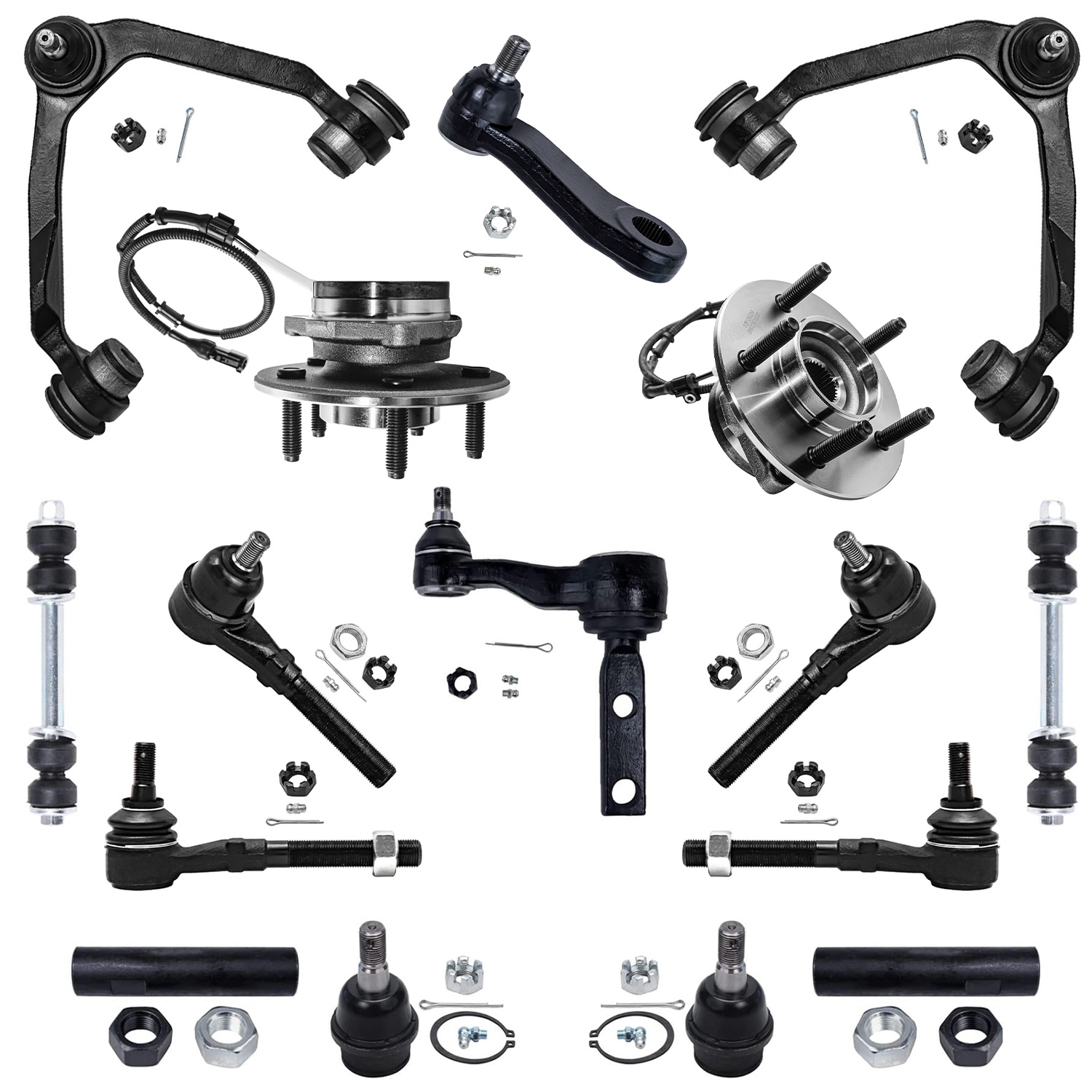 16pc Front Wheel Hub and Bearings Upper Control Arms Tie Rods Suspension Kit