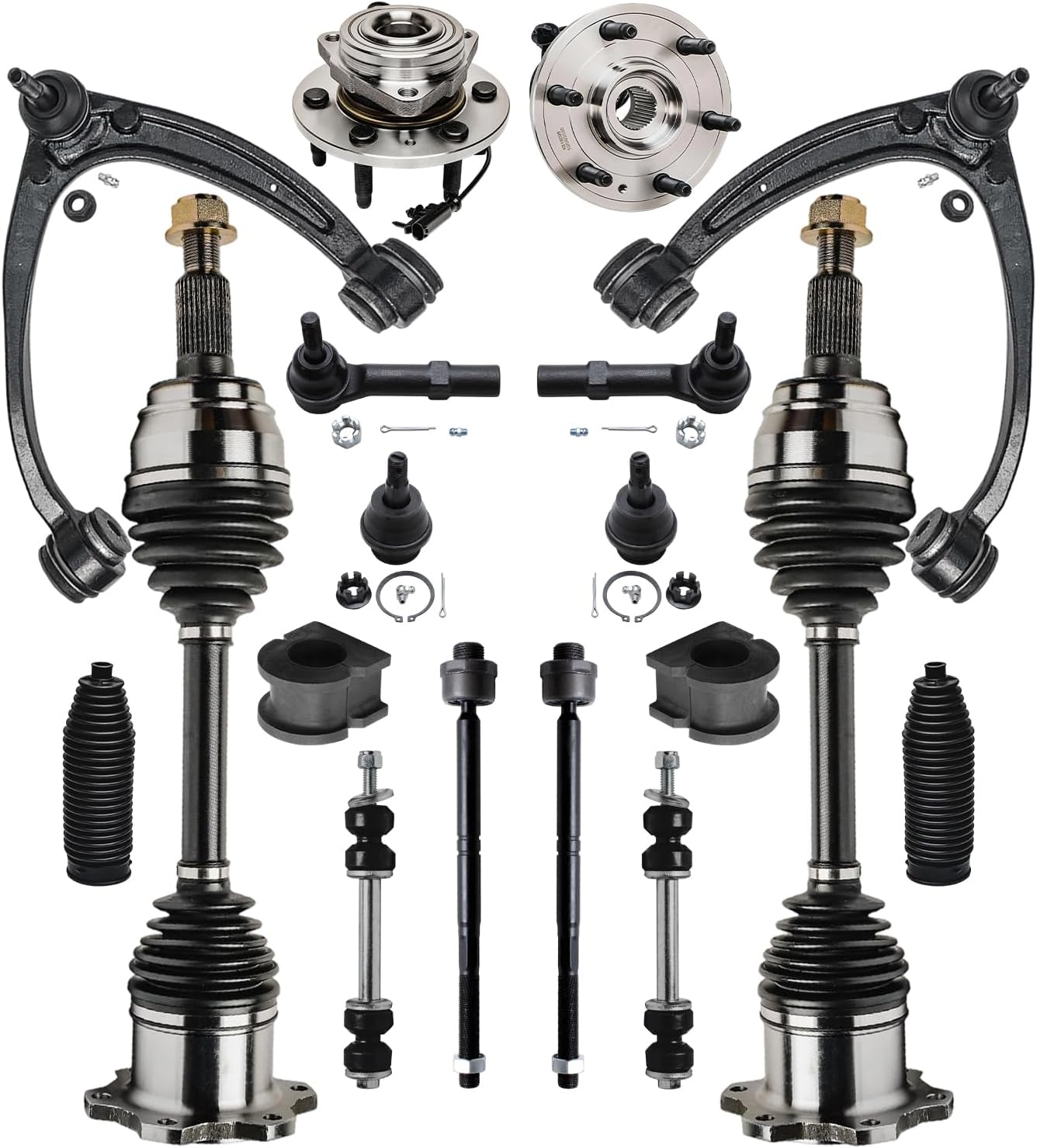 18pc Front CV Axles Upper Control Arms Wheel Hub and Bearings Suspension Kit
