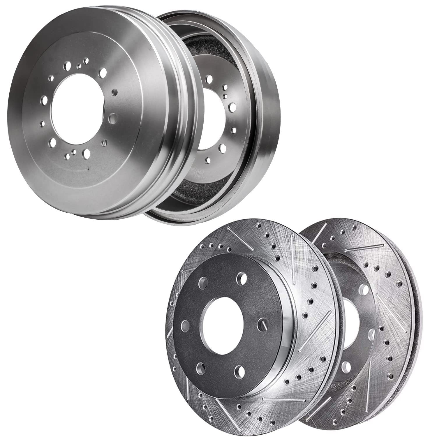 4pc Front Drilled Slotted Rotors and Rear Brake Drums Kit