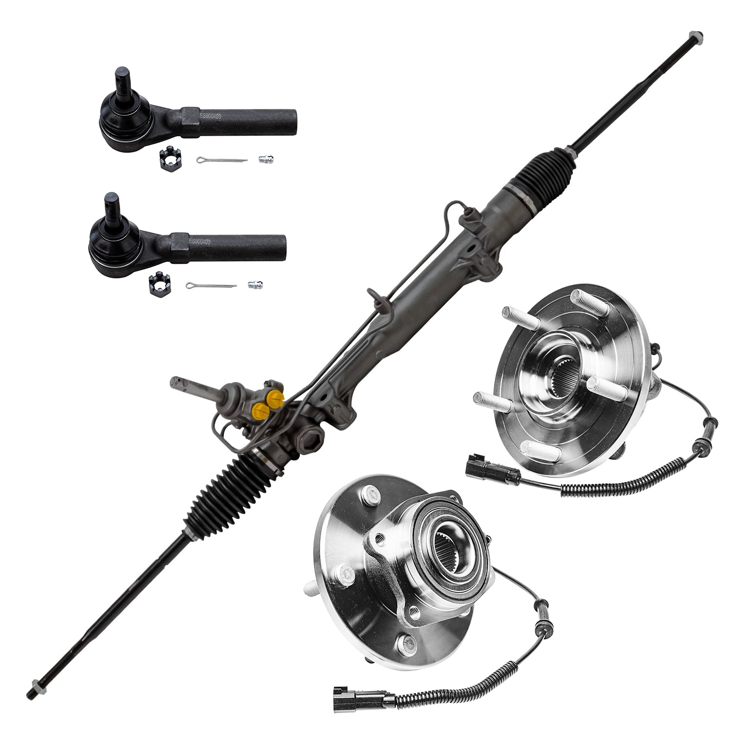 5pc Power Steering Rack and Pinion Wheel Hub and Bearings Suspension Kit