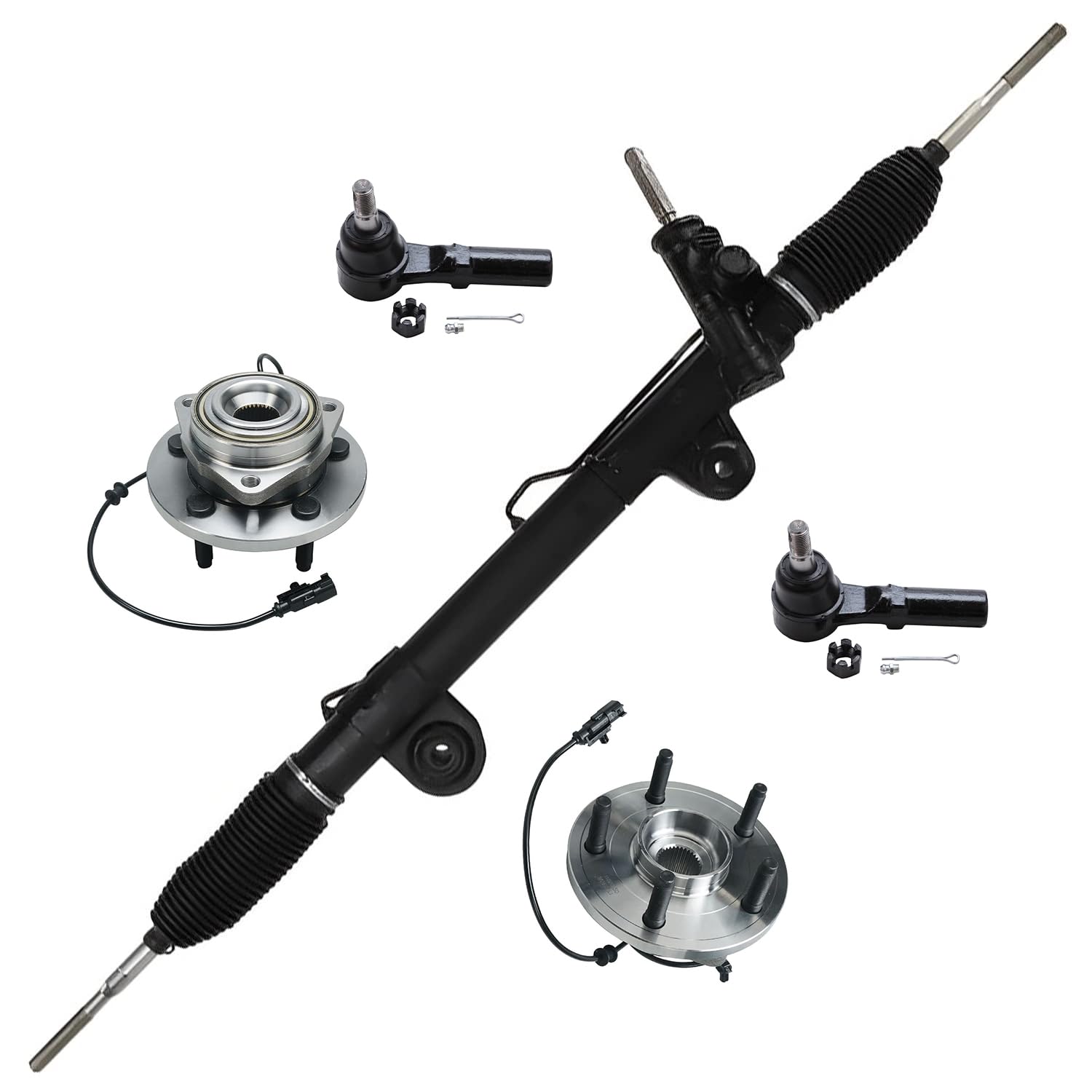 5pc Front Power Steering Rack and Pinion Wheel Hub and Bearings Suspension Kit