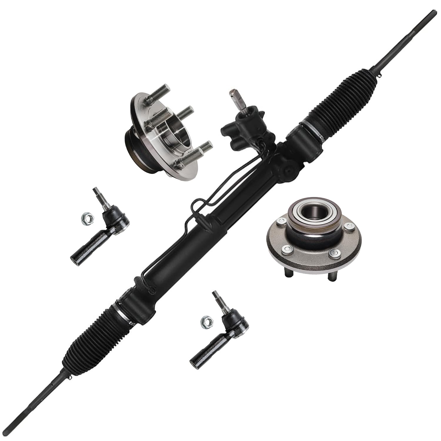 5pc Front Power Steering Rack and Pinion Wheel Hub and Bearings Suspension Kit