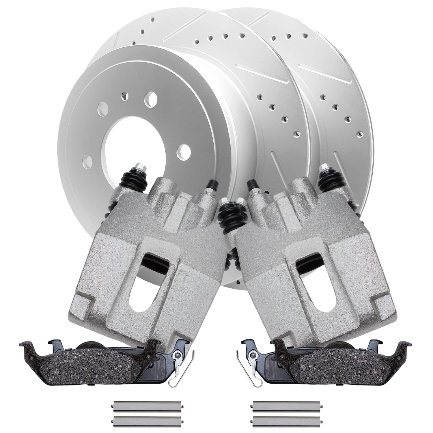 6pc Rear Drilled Slotted Rotors Calipers Ceramic Brake Pads Kit